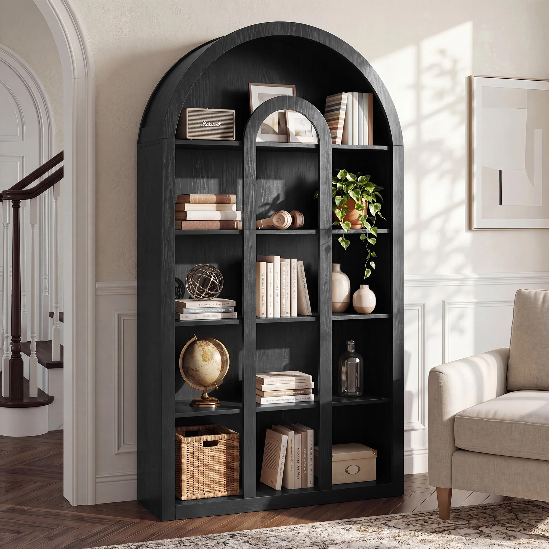 70.87" Tall Bookshelf, 5-Tier Arched Bookcase with Open Shelves for Living Room - Image 17