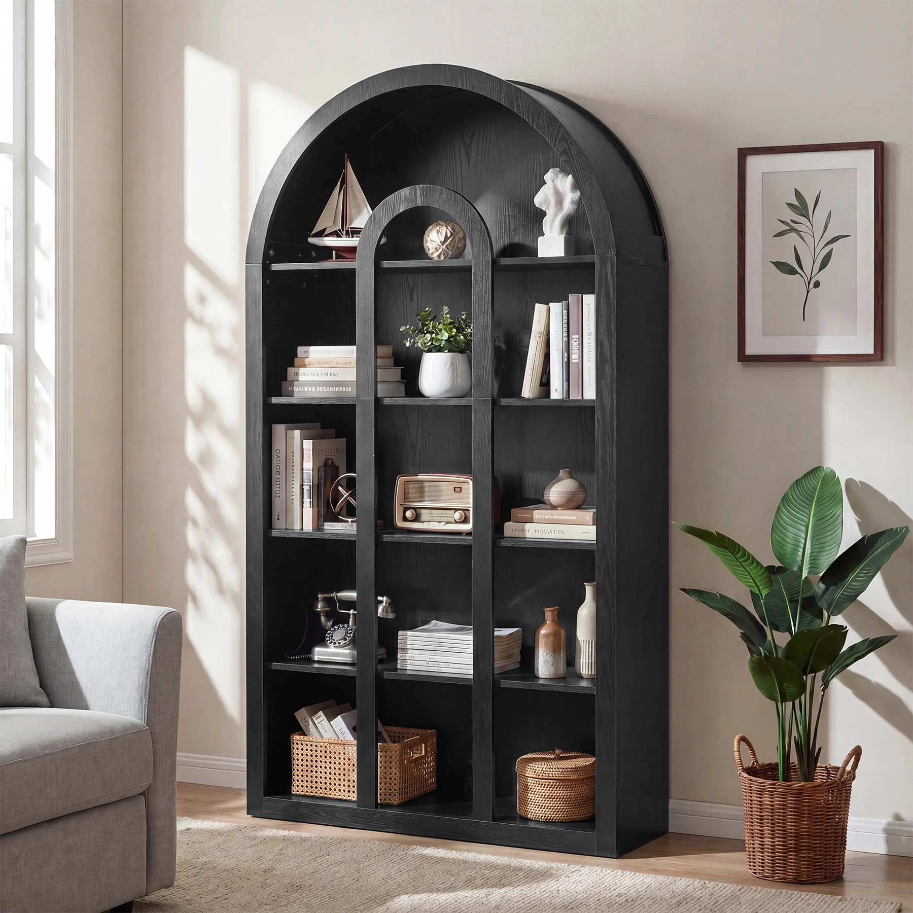 70.87" Tall Bookshelf, 5-Tier Arched Bookcase with Open Shelves for Living Room - Image 18