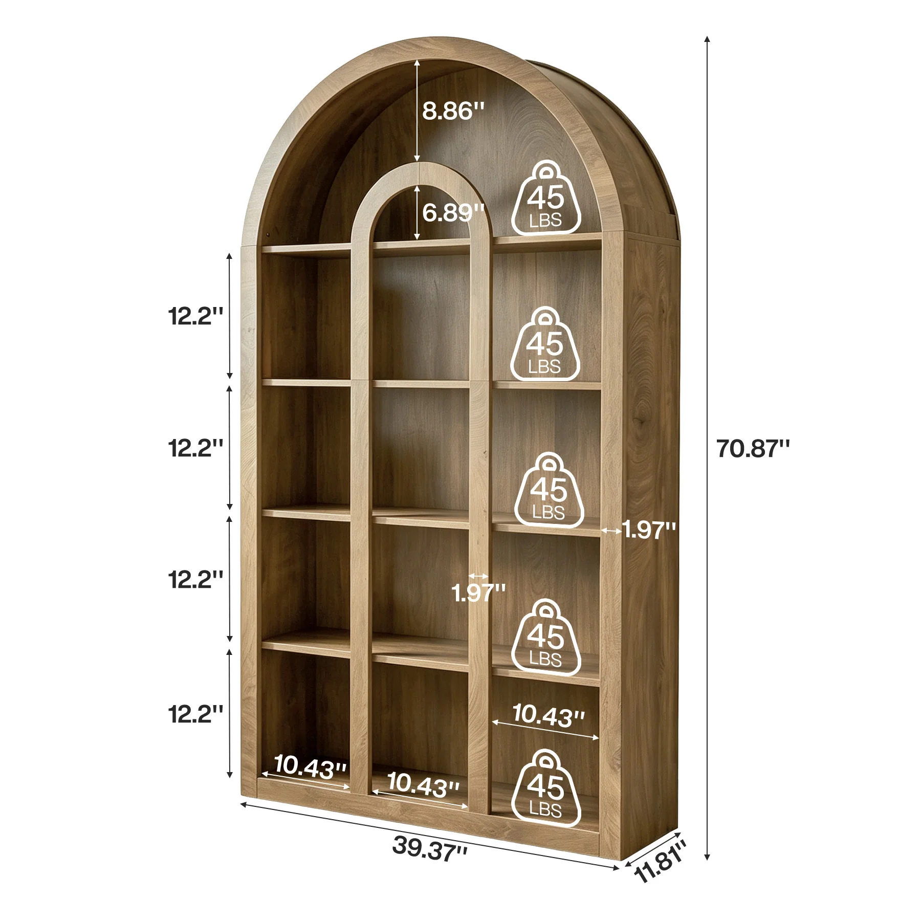 70.87" Tall Bookshelf, 5-Tier Arched Bookcase with Open Shelves for Living Room - Image 2