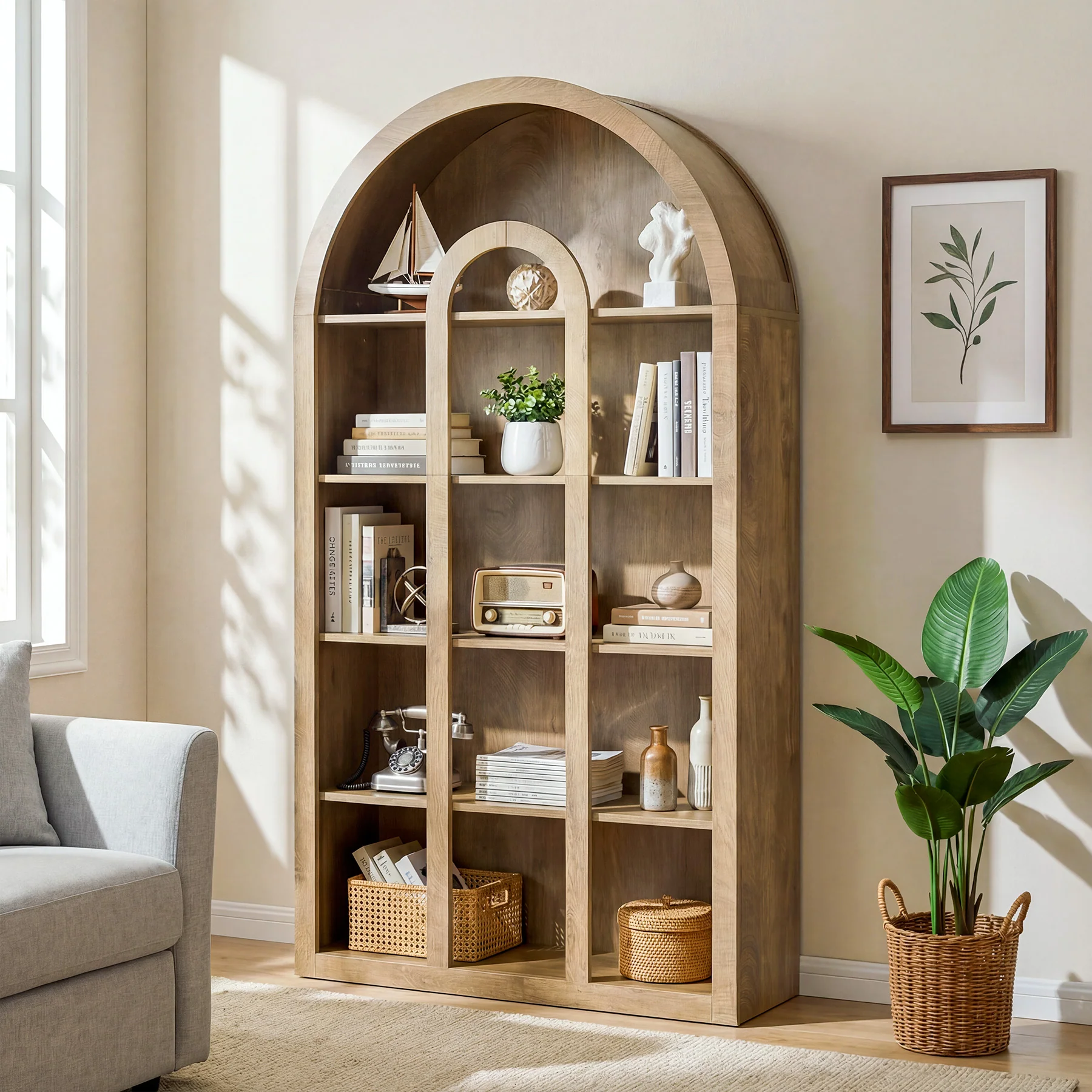 70.87" Tall Bookshelf, 5-Tier Arched Bookcase with Open Shelves for Living Room - Image 6