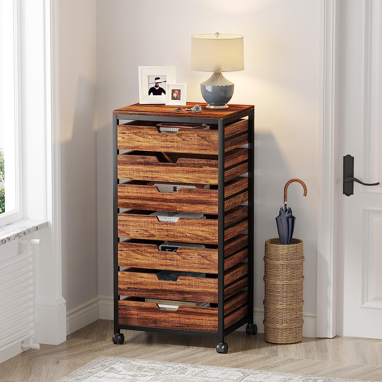 5/7 Rolling Storage Cabinet, Mobile Drawer Chest with Wood Grain Fronts and Casters - Image 10