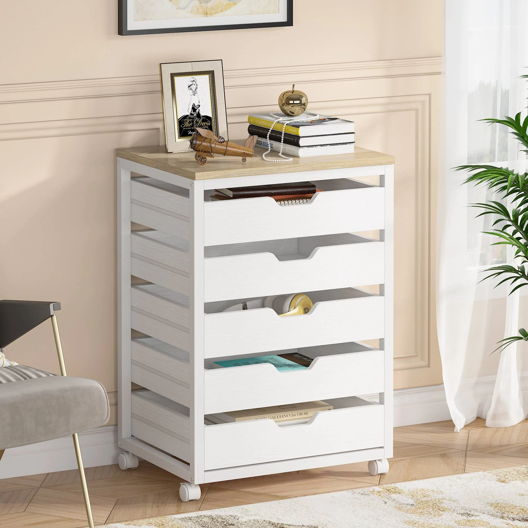 5/7 Rolling Storage Cabinet, Mobile Drawer Chest with Wood Grain Fronts and Casters - Image 11