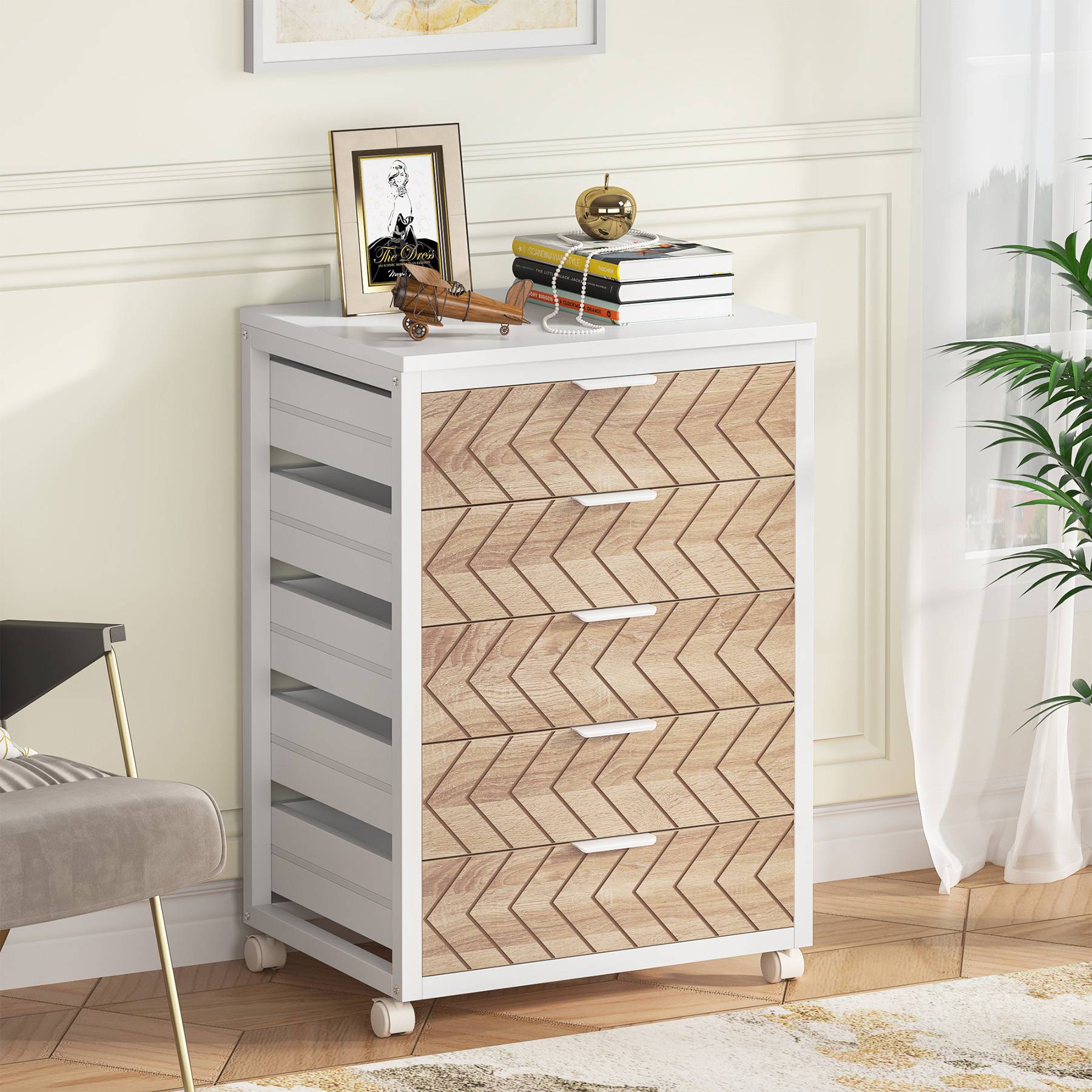 5/7 Rolling Storage Cabinet, Mobile Drawer Chest with Wood Grain Fronts and Casters - Image 13