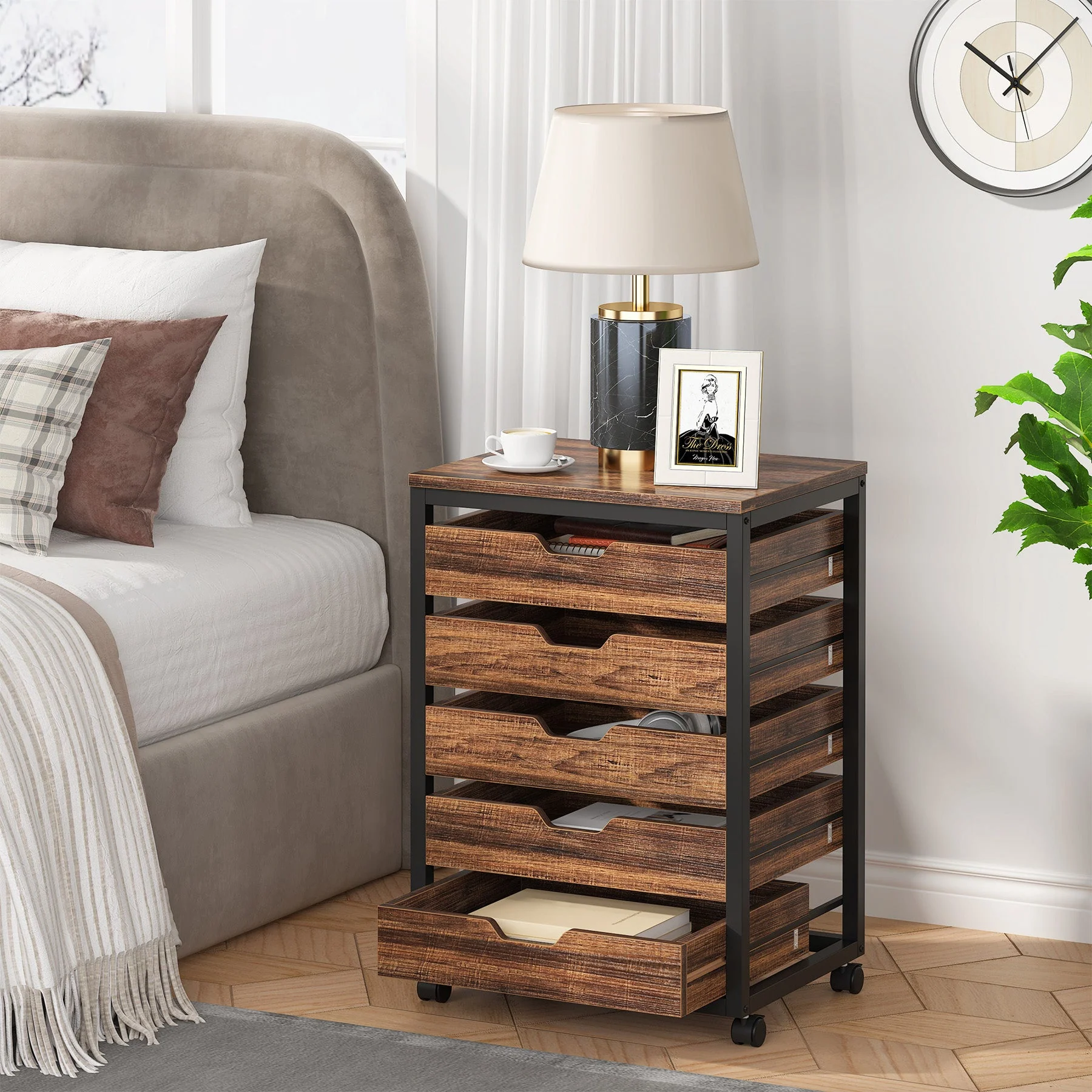 5/7 Rolling Storage Cabinet, Mobile Drawer Chest with Wood Grain Fronts and Casters - Image 3