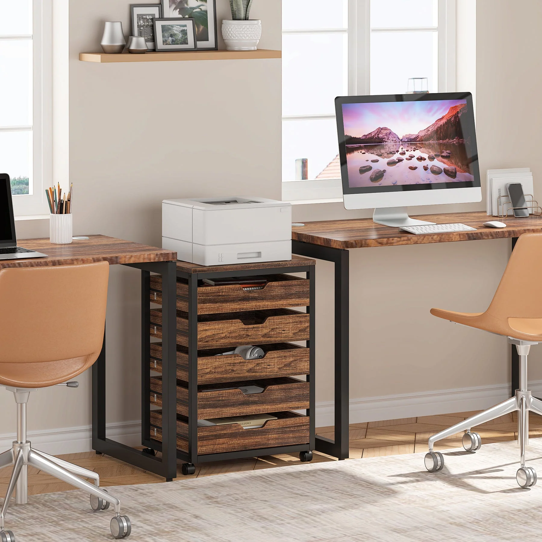 5/7 Rolling Storage Cabinet, Mobile Drawer Chest with Wood Grain Fronts and Casters - Image 4