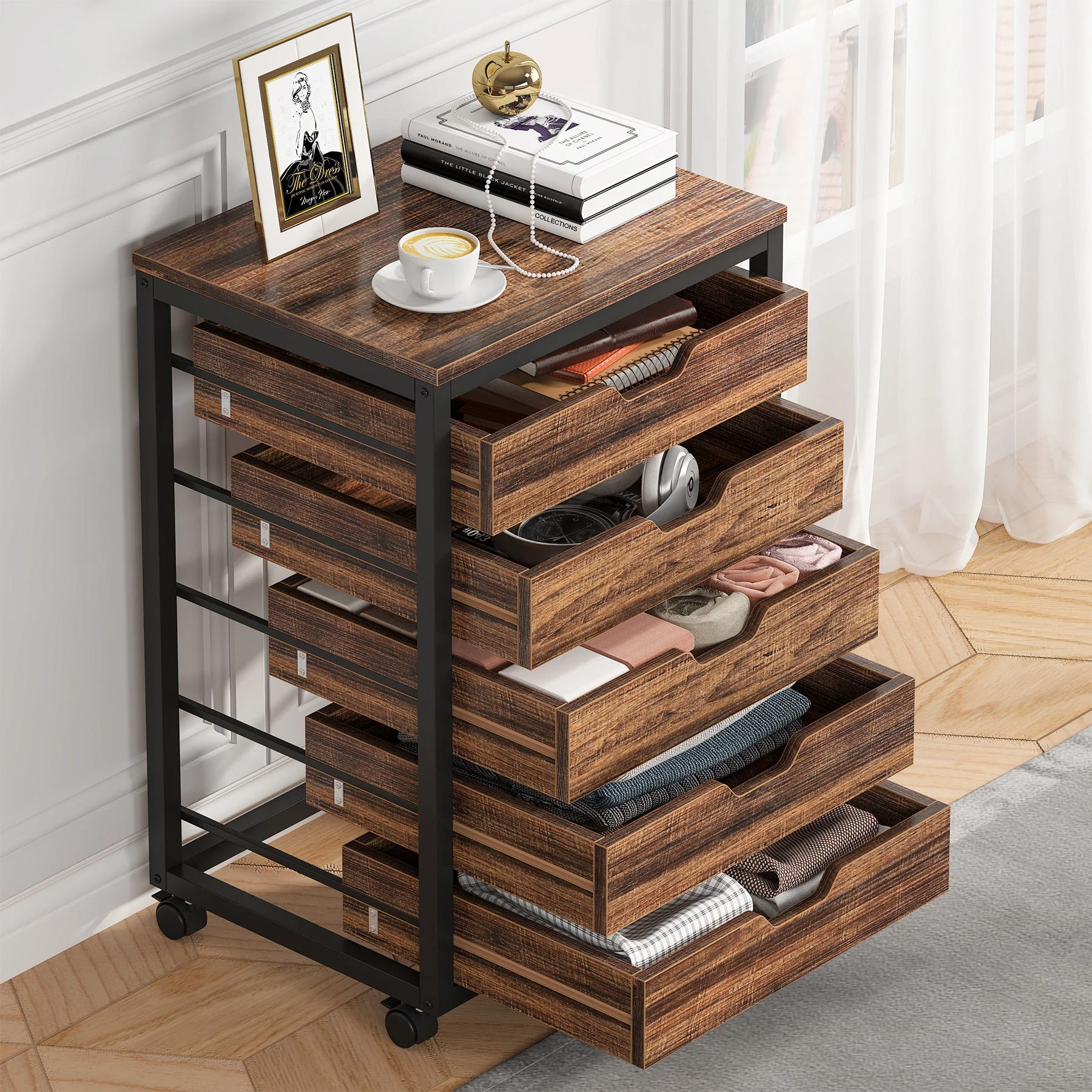 5/7 Rolling Storage Cabinet, Mobile Drawer Chest with Wood Grain Fronts and Casters - Image 5