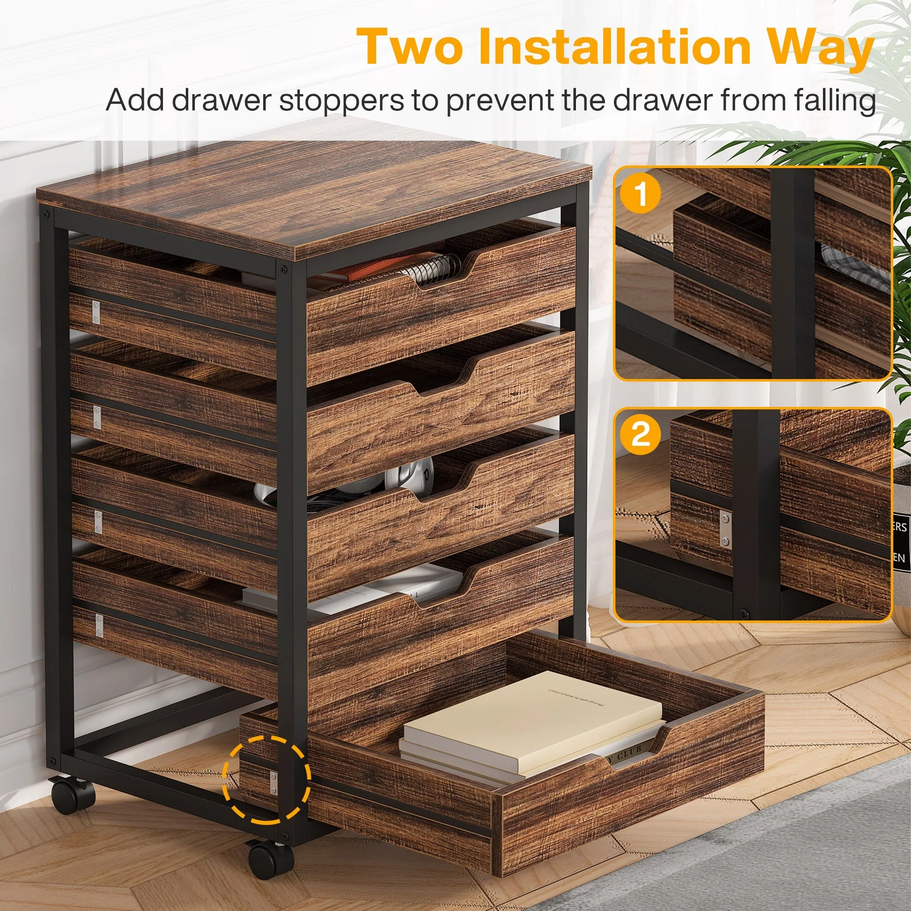 5/7 Rolling Storage Cabinet, Mobile Drawer Chest with Wood Grain Fronts and Casters - Image 6