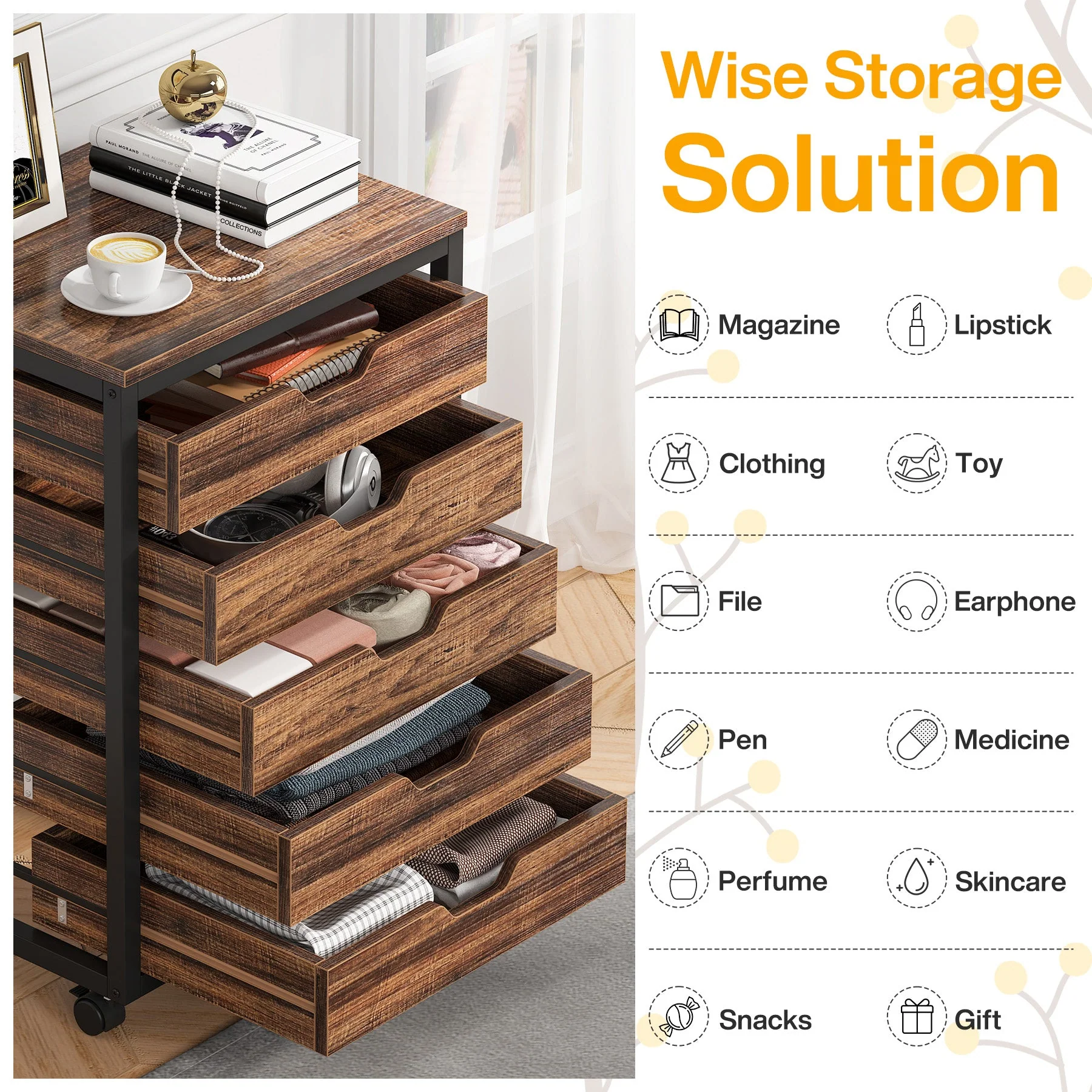 5/7 Rolling Storage Cabinet, Mobile Drawer Chest with Wood Grain Fronts and Casters - Image 7