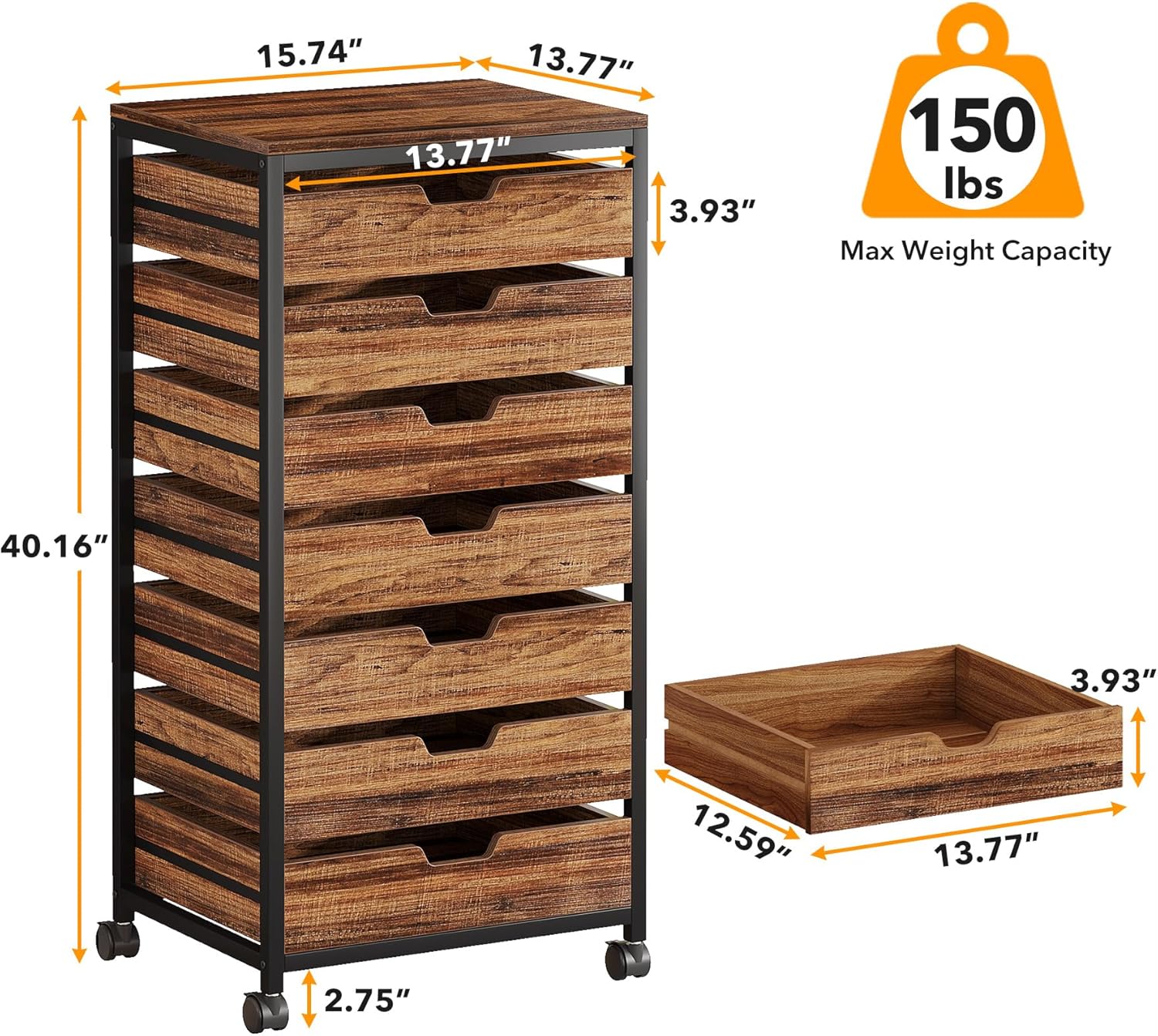5/7 Rolling Storage Cabinet, Mobile Drawer Chest with Wood Grain Fronts and Casters - Image 8