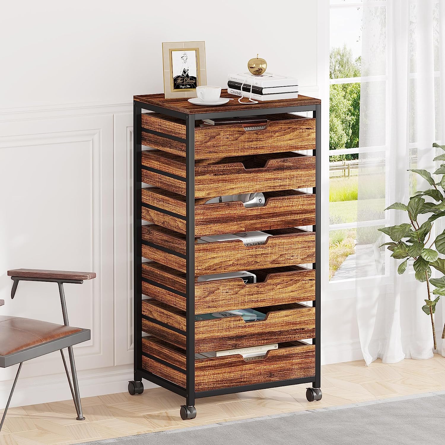 5/7 Rolling Storage Cabinet, Mobile Drawer Chest with Wood Grain Fronts and Casters - Image 9