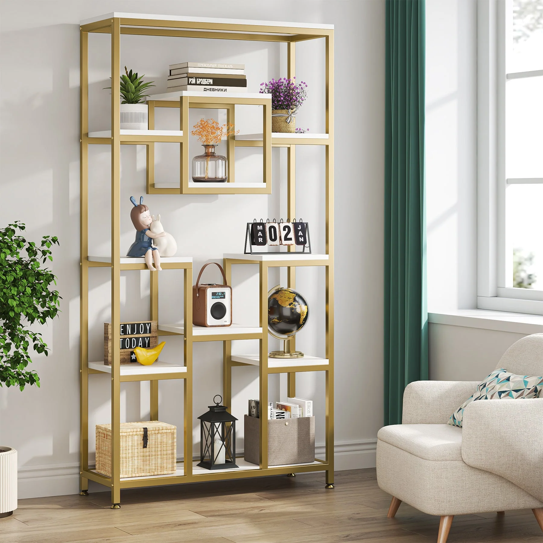 71" Tall Bookshelf, Modern 11-Tier Bookcase Display Shelf