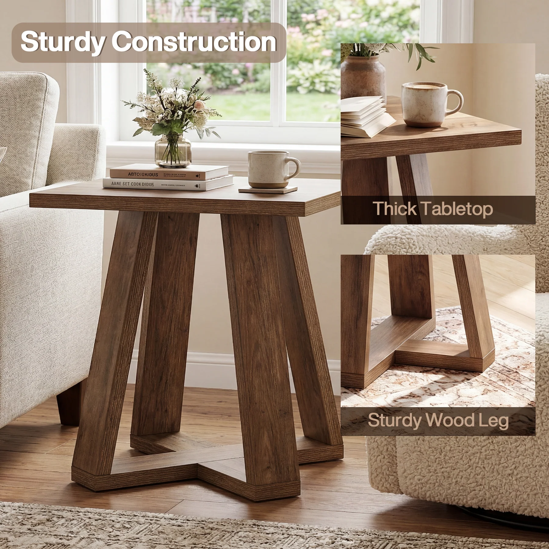 19.7" Farmhouse End Table, Cross Leg Square Side Table for Living Room - Image 7