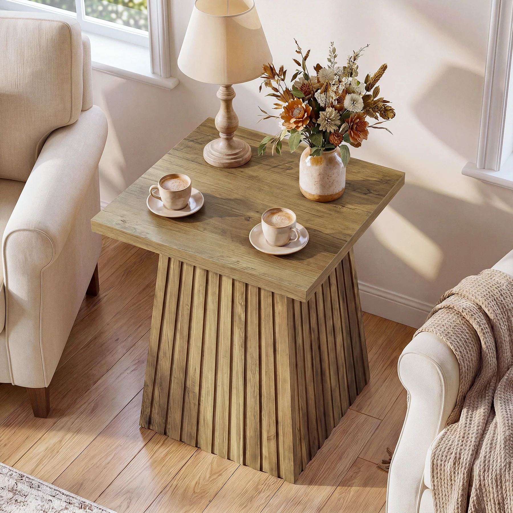 19.7" Square End Table, Modern Rustic Side Table with Fluted Base for Small Space - Image 6