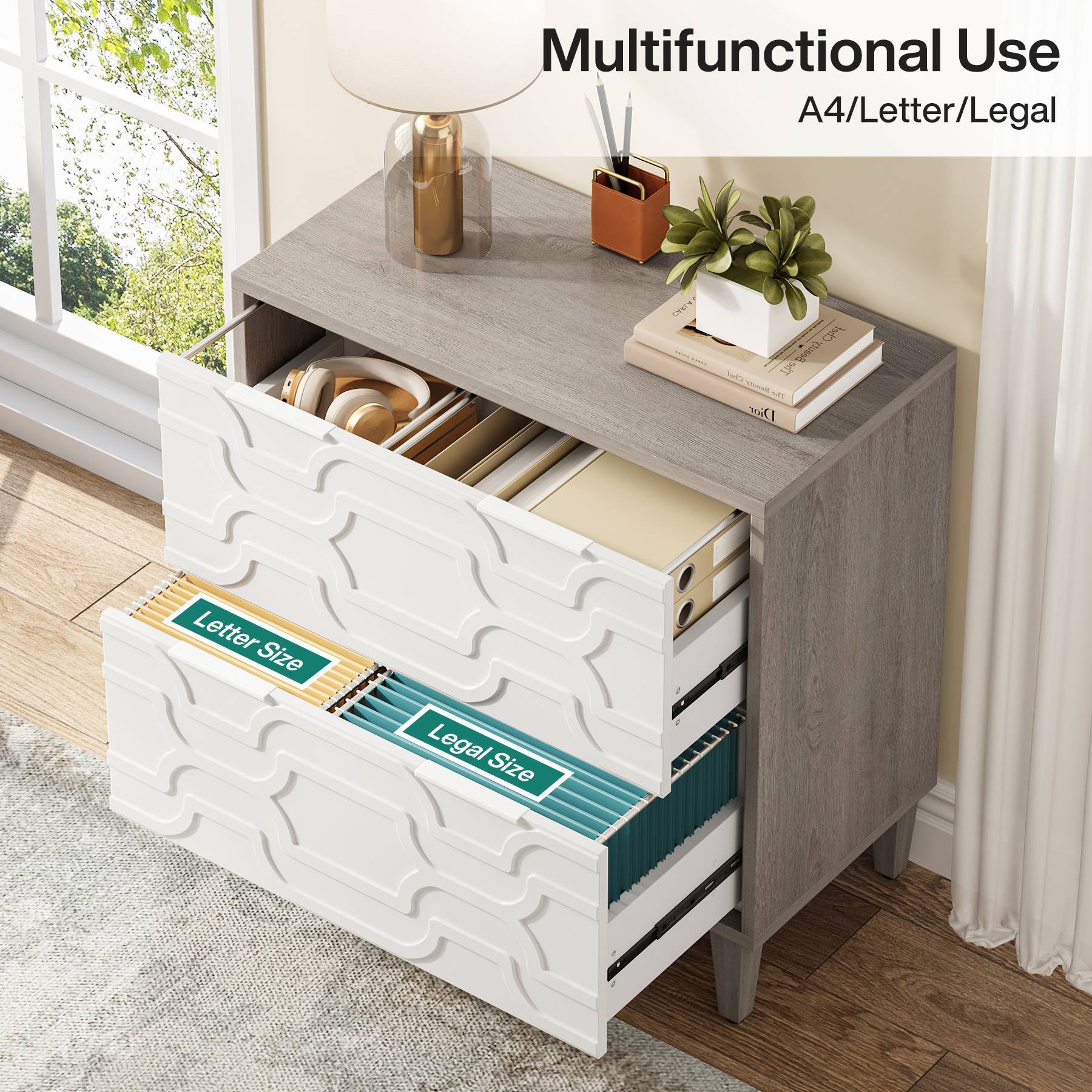 Wood File Cabinet, 2-Drawer Storage Cabinet for A4/Letter/Legal Size - Image 5