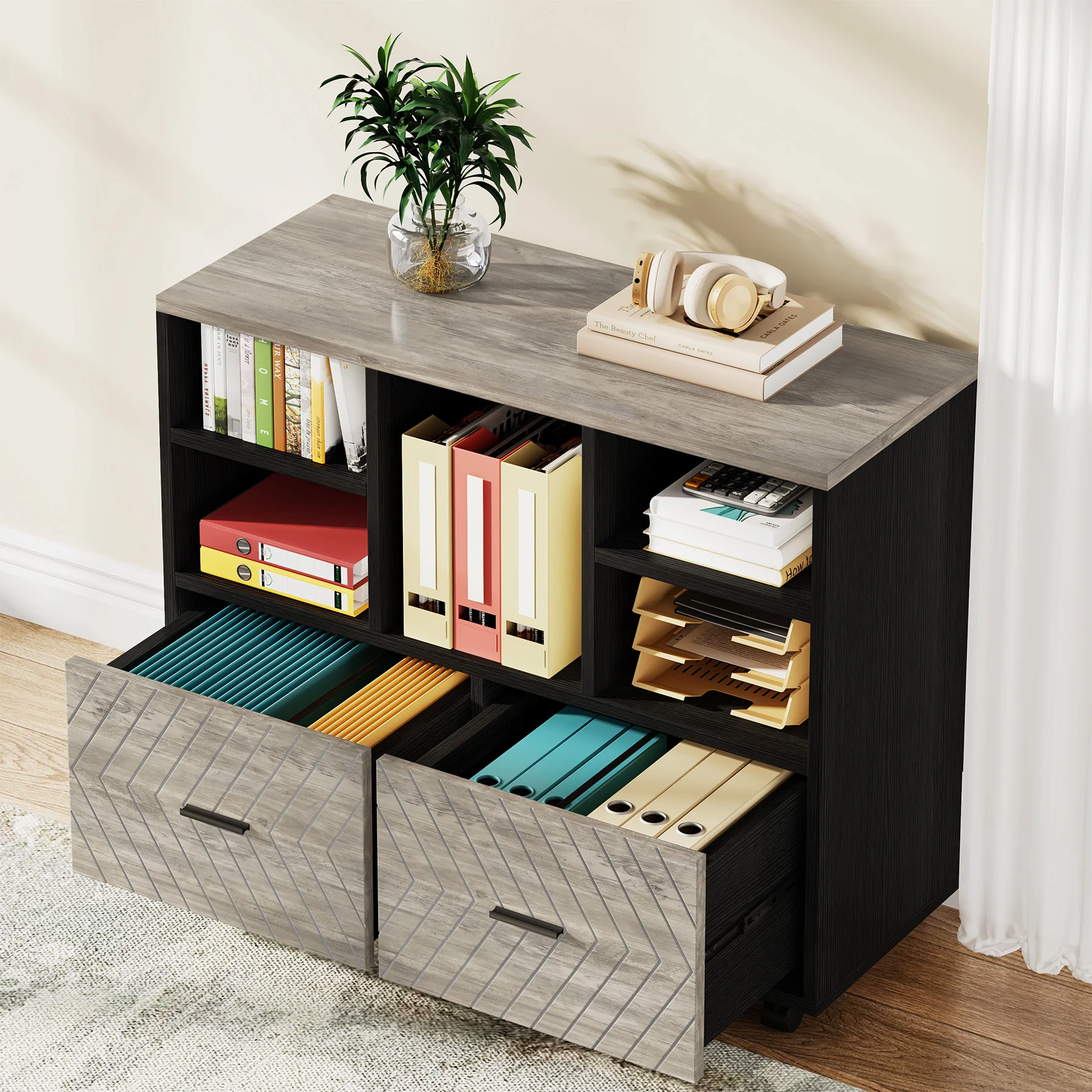 2-Drawer File Cabinet, Mobile Lateral Filing Cabinet with Shelves - Image 10