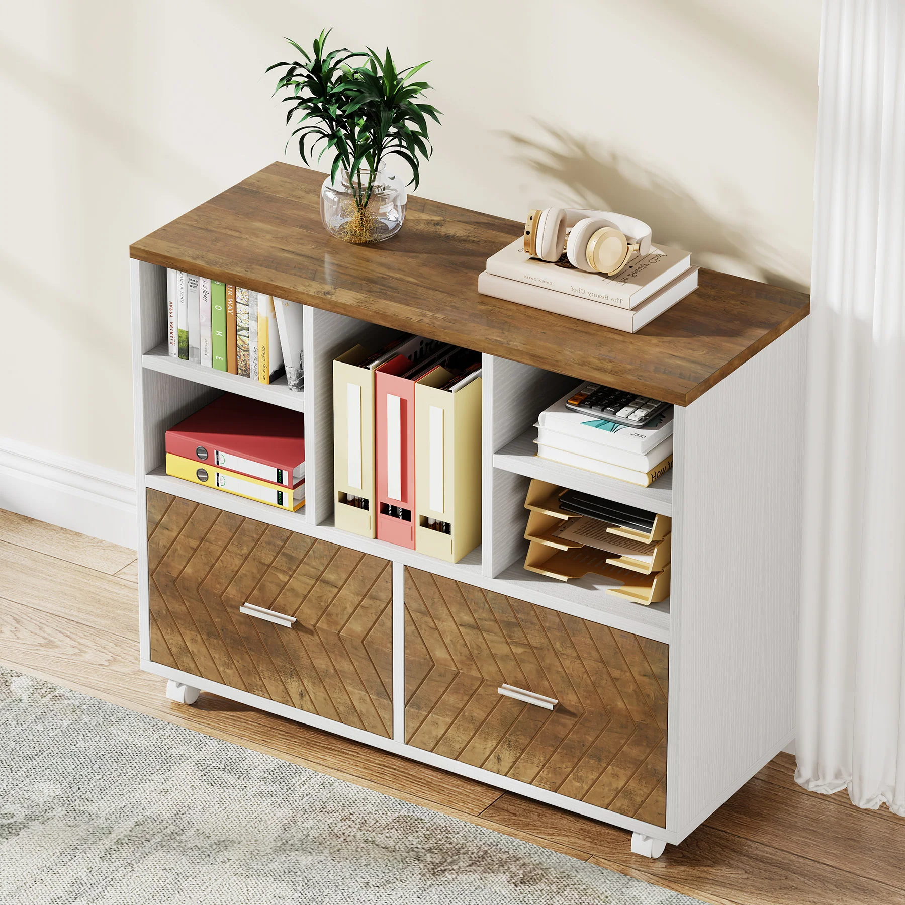 2-Drawer File Cabinet, Mobile Lateral Filing Cabinet with Shelves - Image 3