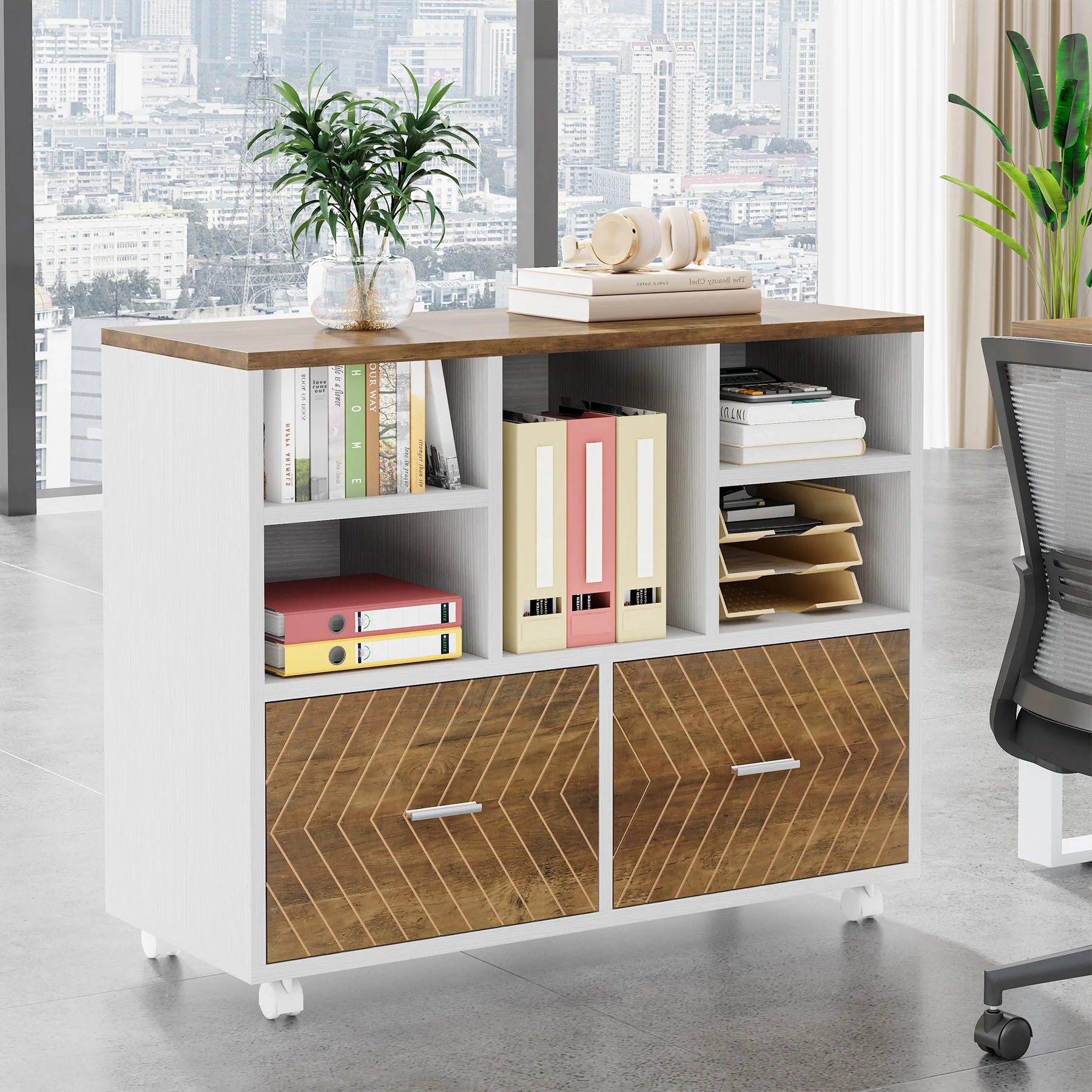 2-Drawer File Cabinet, Mobile Lateral Filing Cabinet with Shelves - Image 4