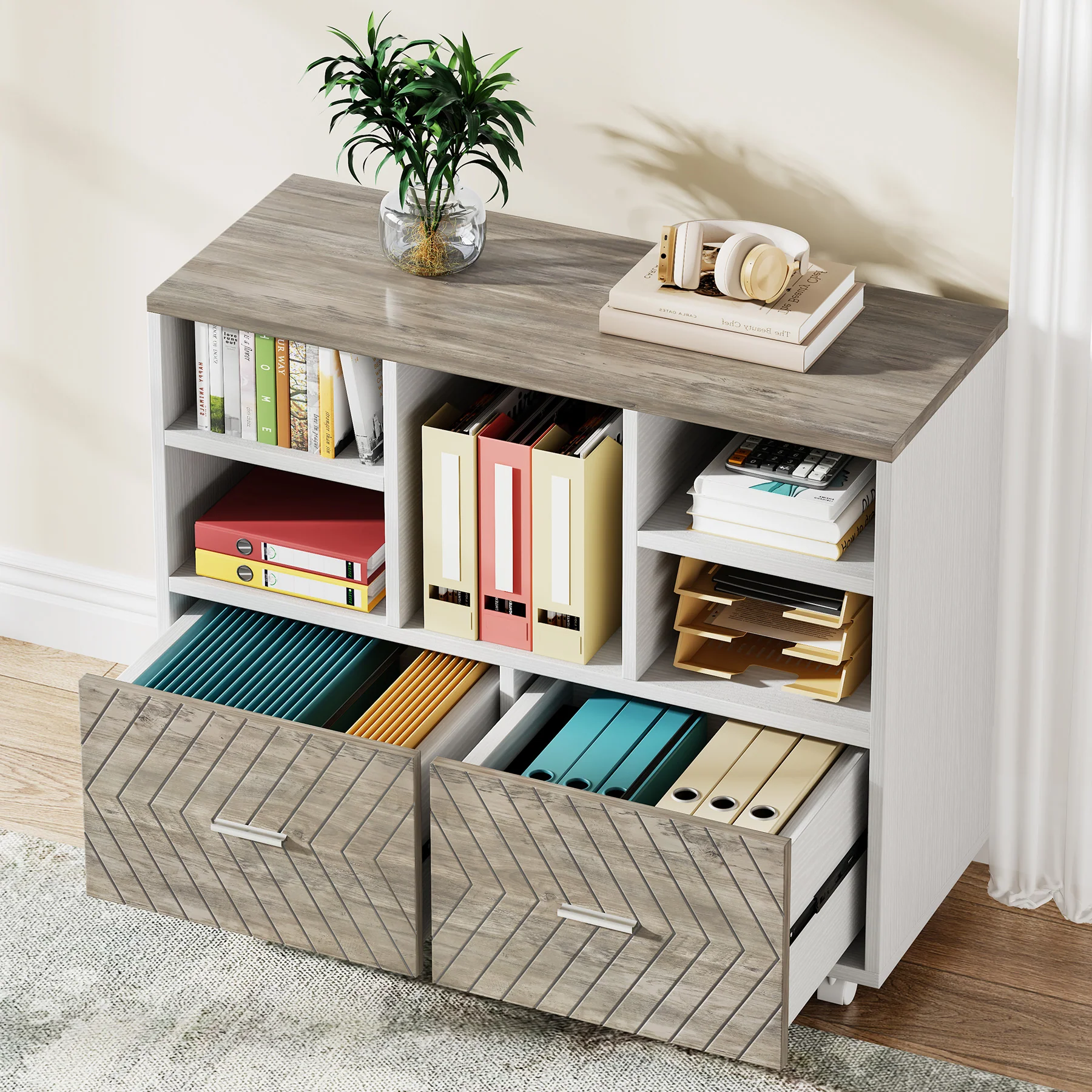 2-Drawer File Cabinet, Mobile Lateral Filing Cabinet with Shelves - Image 8