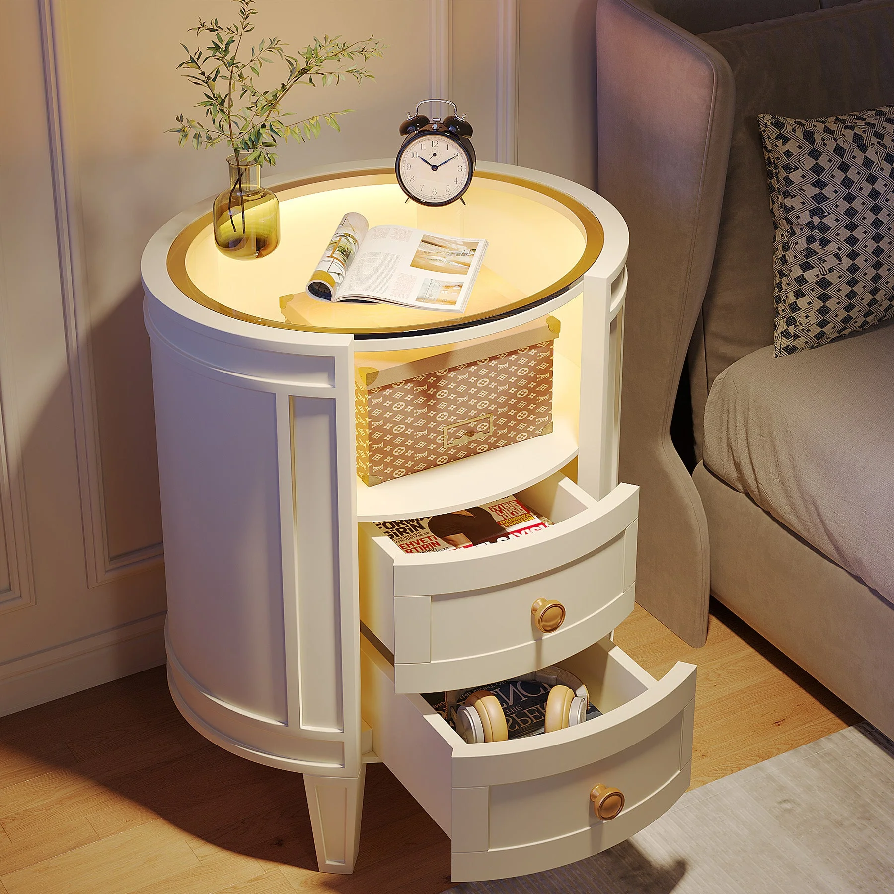 2-Drawer Nightstand with LED Light, Modern Side Table with Glass Tabletop - Image 3