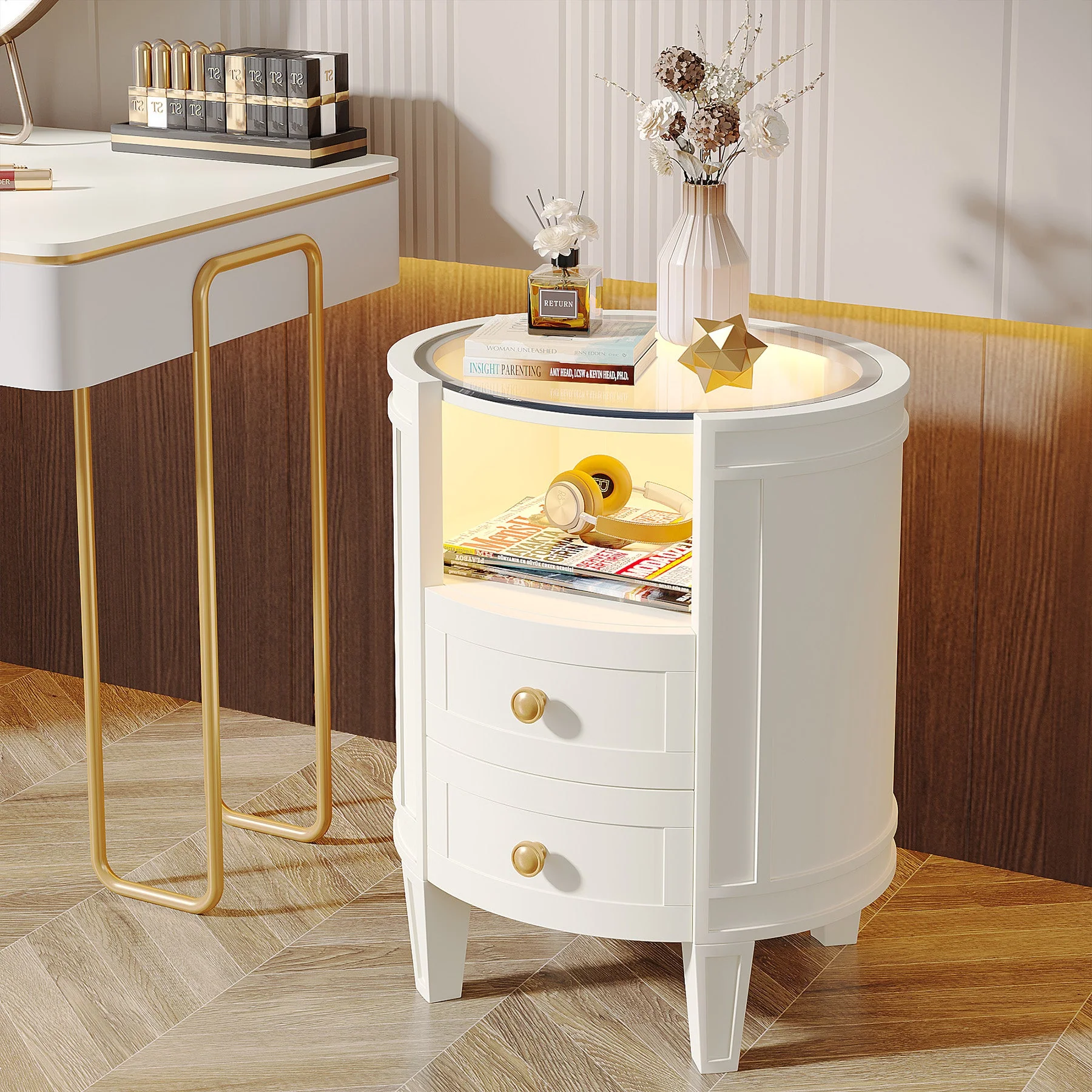2-Drawer Nightstand with LED Light, Modern Side Table with Glass Tabletop - Image 4