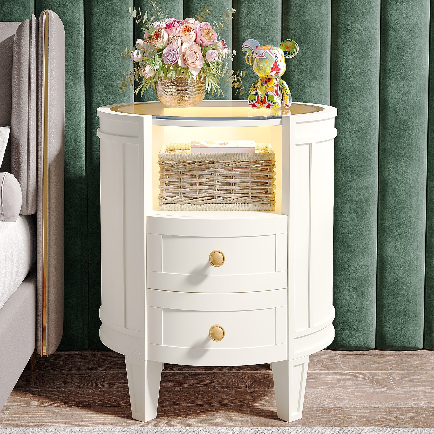 2-Drawer Nightstand with LED Light, Modern Side Table with Glass Tabletop - Image 5