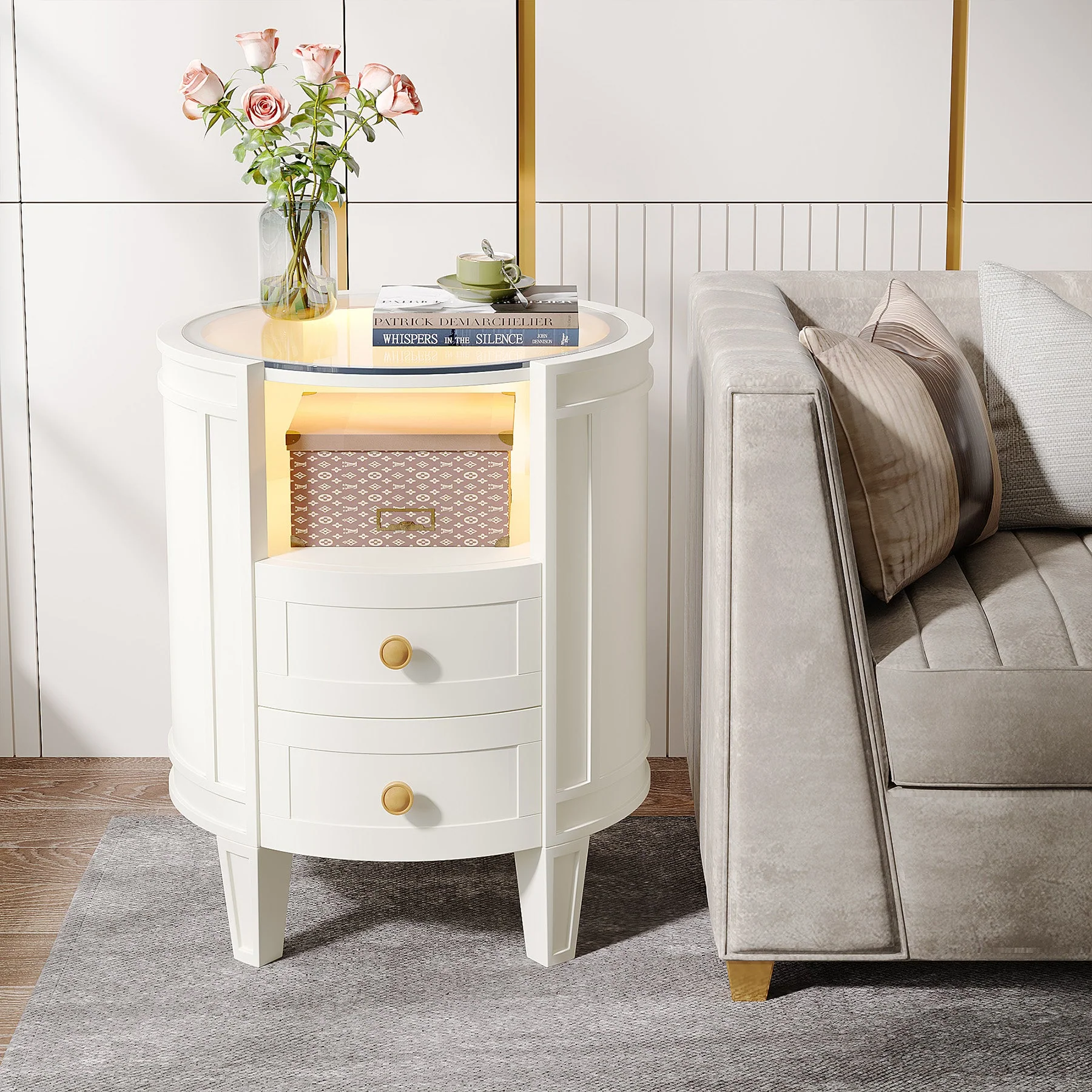 2-Drawer Nightstand with LED Light, Modern Side Table with Glass Tabletop - Image 6