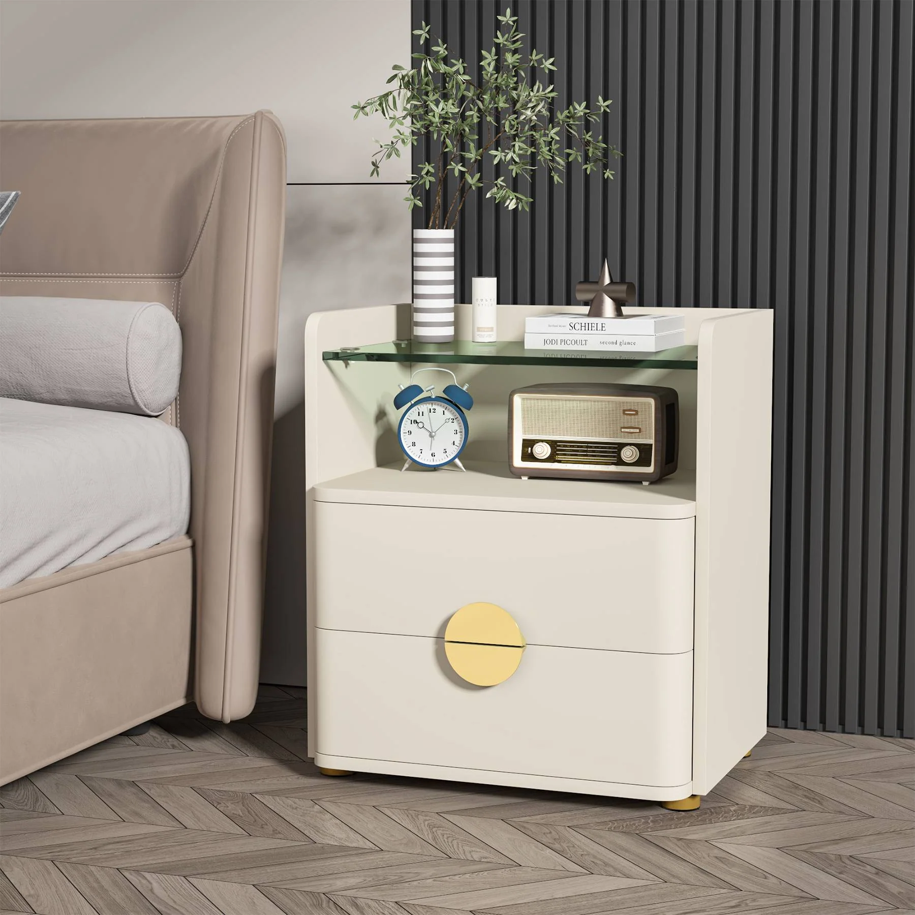 2-Drawer Nightstand, Modern Bedside Table with Open Storage - Image 3