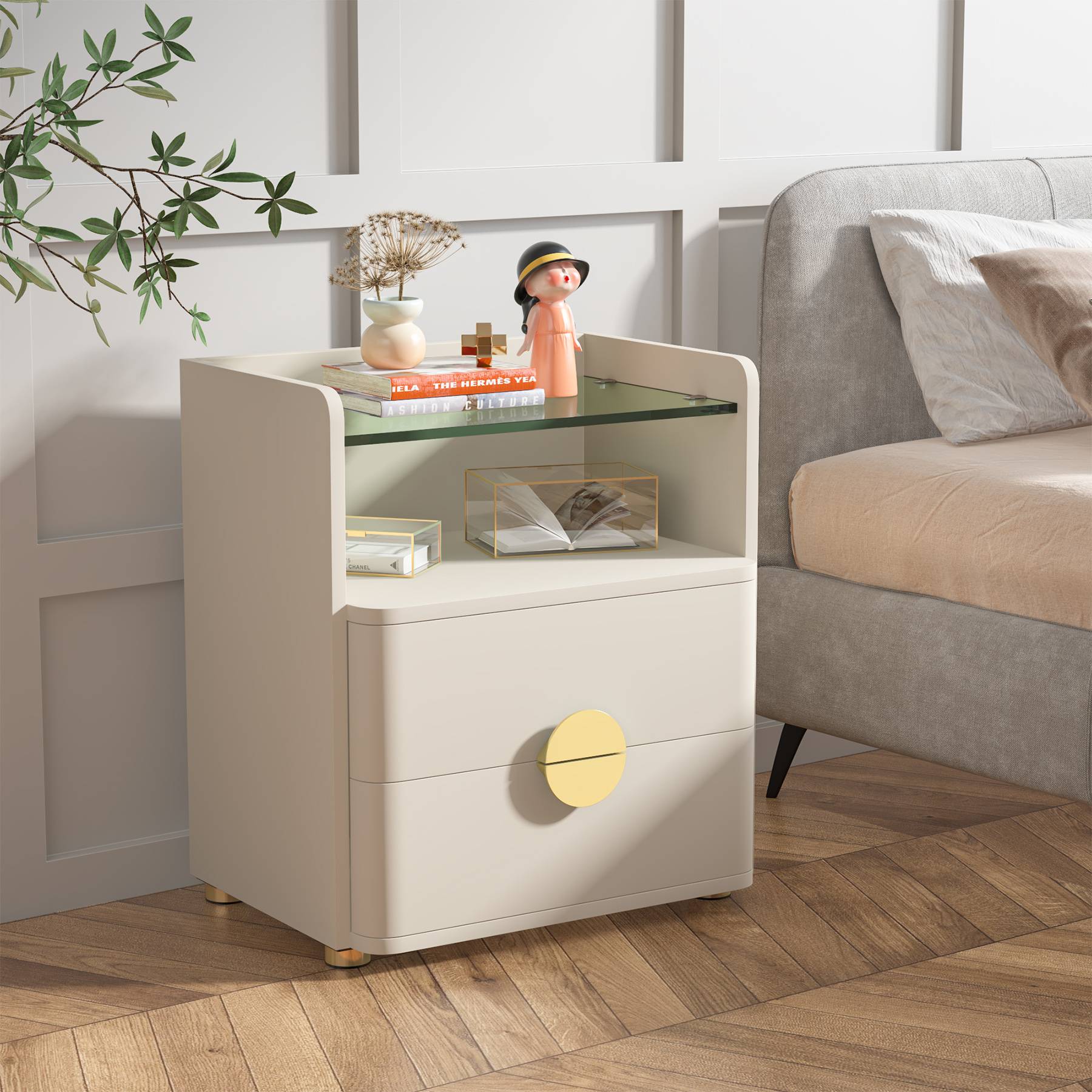 2-Drawer Nightstand, Modern Bedside Table with Open Storage - Image 4