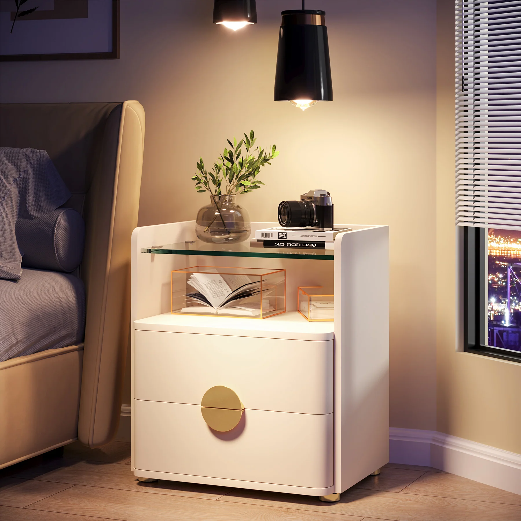 2-Drawer Nightstand, Modern Bedside Table with Open Storage - Image 5