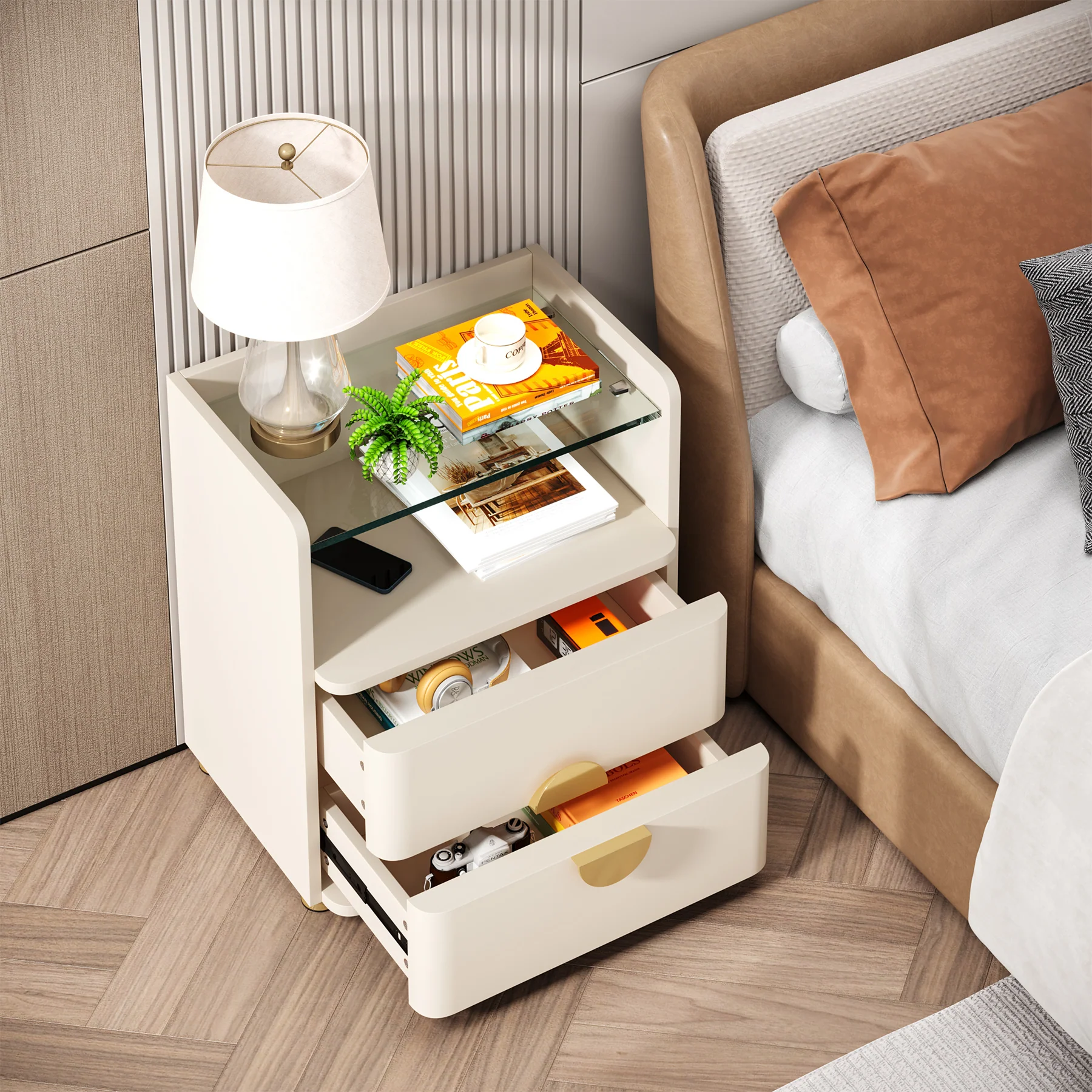 2-Drawer Nightstand, Modern Bedside Table with Open Storage - Image 6