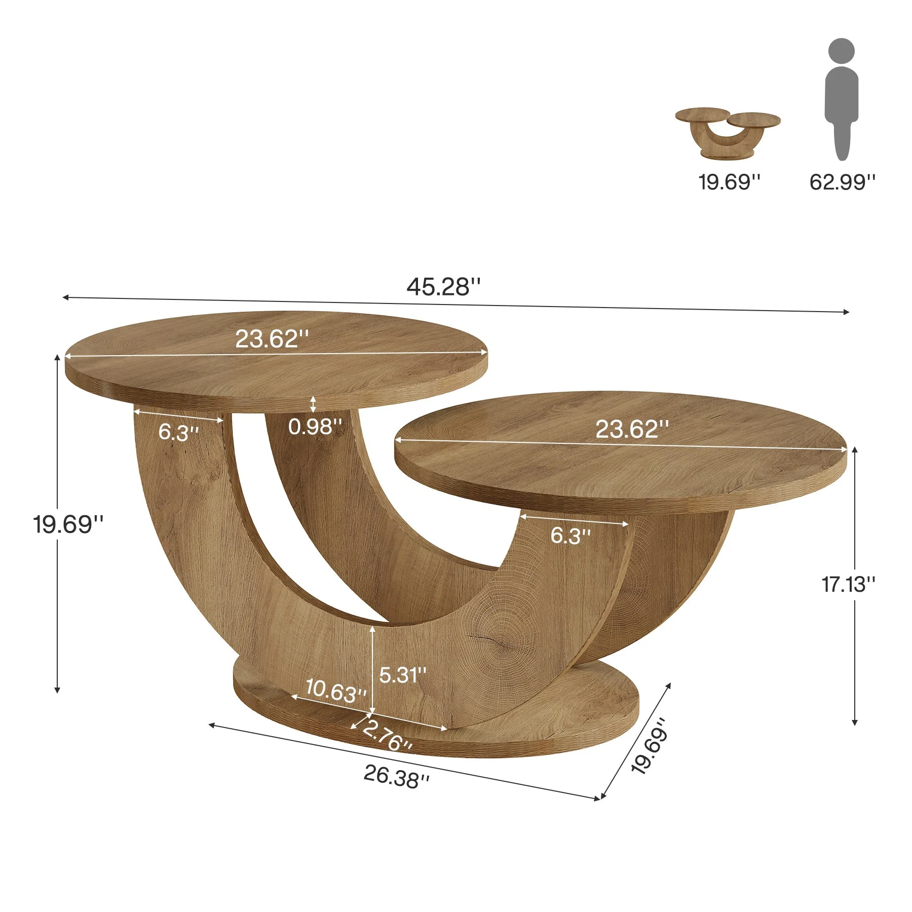 45" Coffee Table, 2-Tier Accent Center Cocktail Table with U-Shaped Frame - Image 2