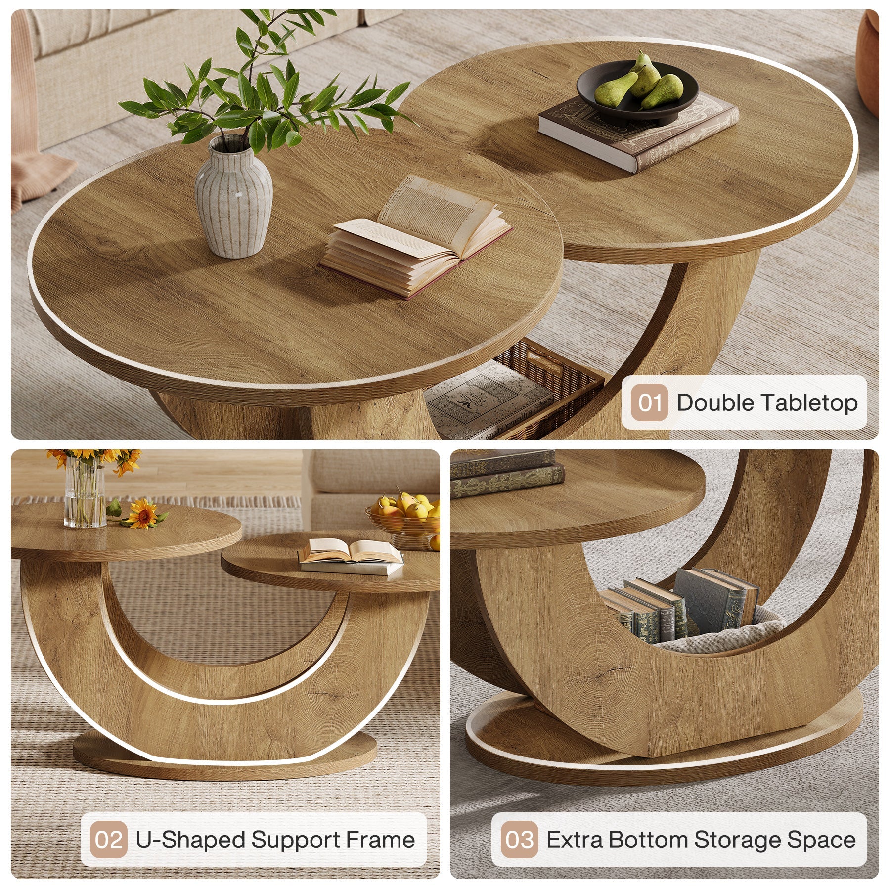 45" Coffee Table, 2-Tier Accent Center Cocktail Table with U-Shaped Frame - Image 6