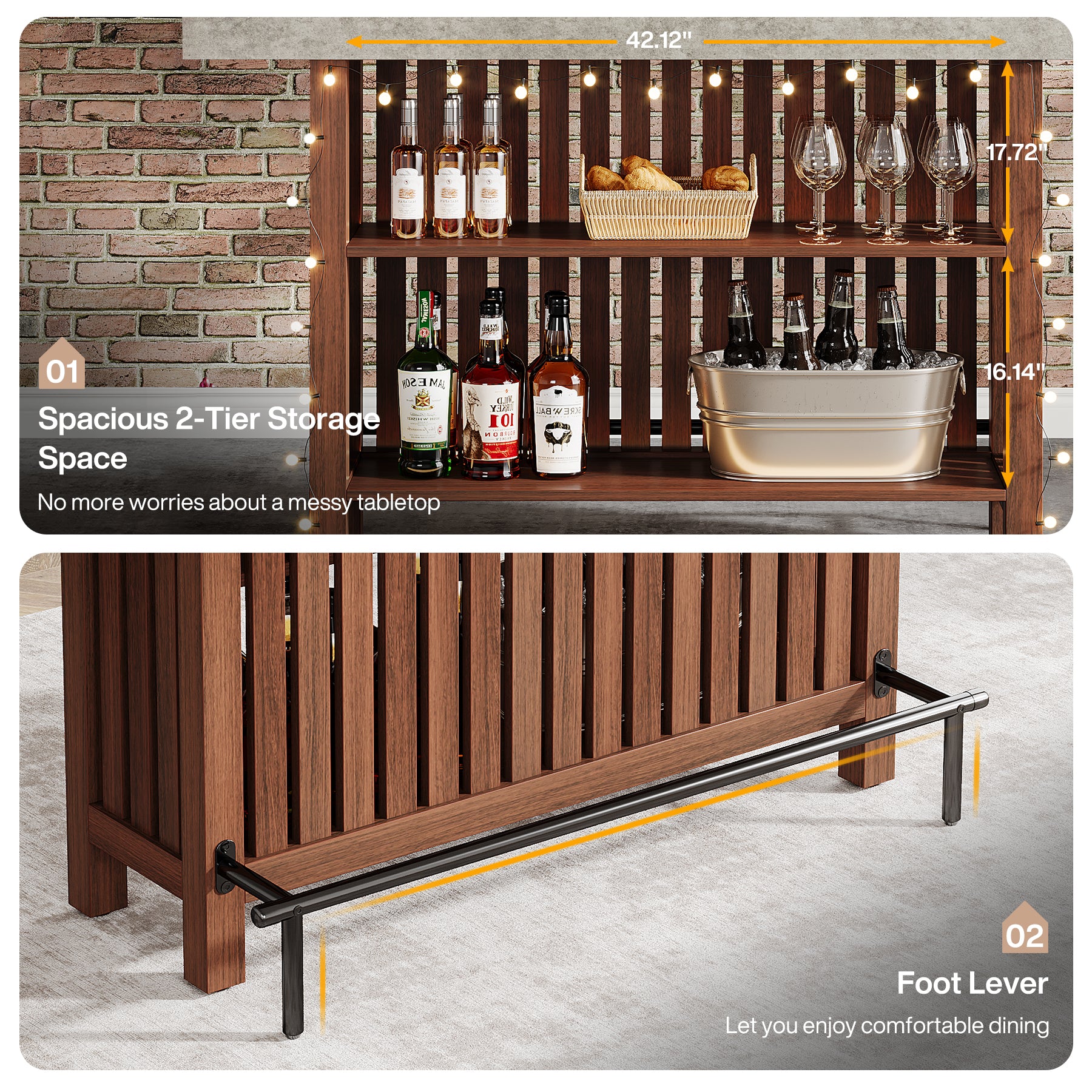 Home Bar Unit, Modern 2-Tier Bar Table with Footrest - Image 7