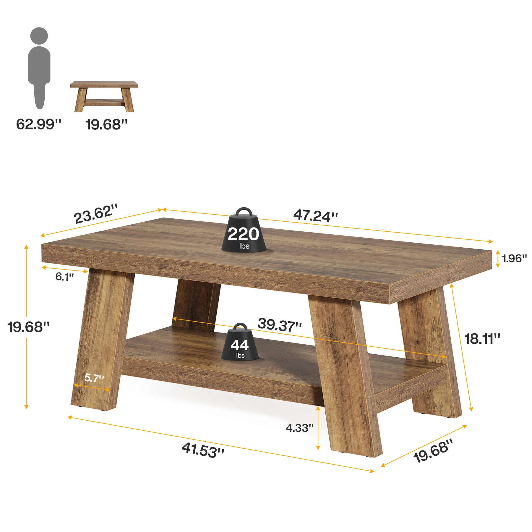 47" Farmhouse 2-Tier Coffee Table with Storage Shelf, Rectangular Coffee Table - Image 2