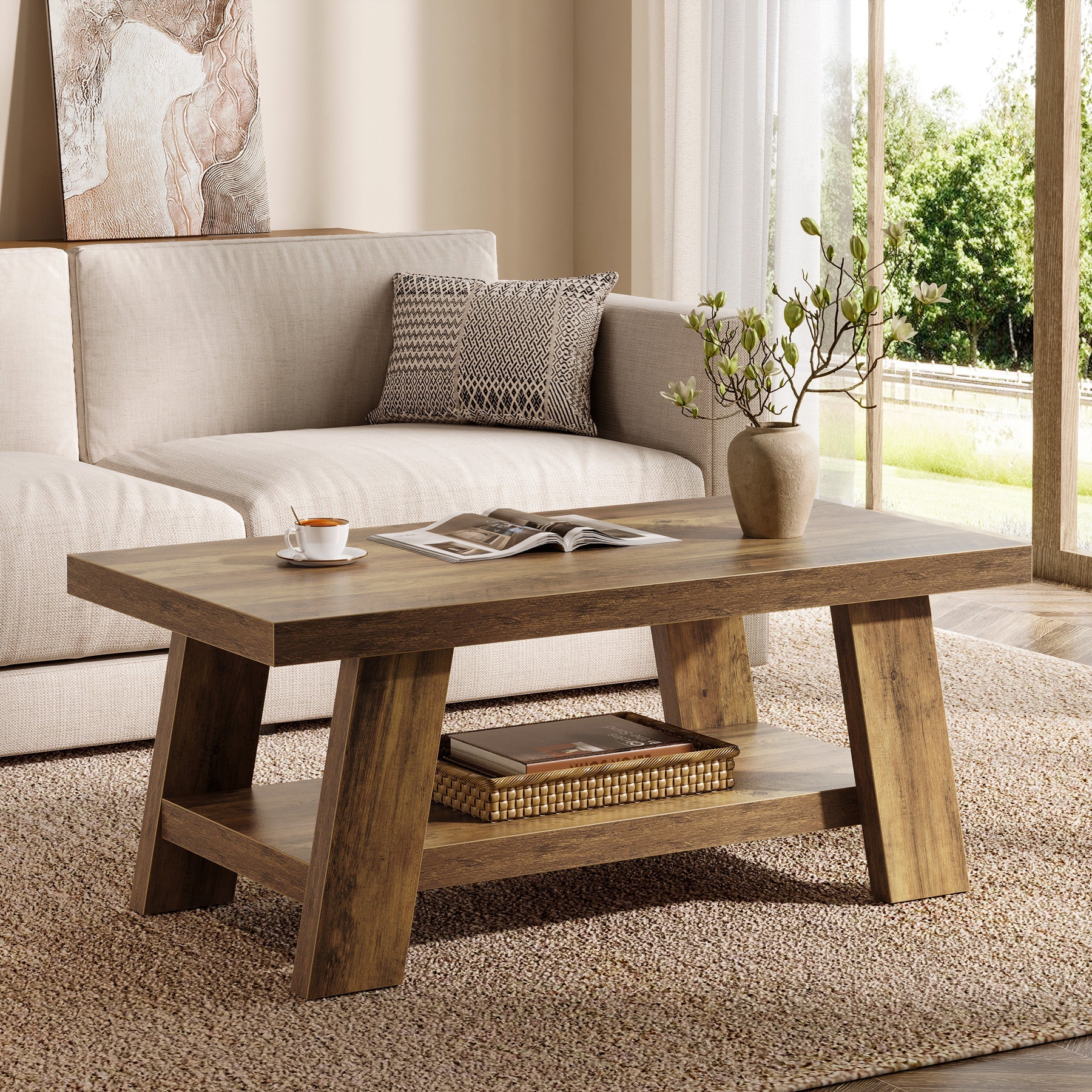 47" Farmhouse 2-Tier Coffee Table with Storage Shelf, Rectangular Coffee Table - Image 3