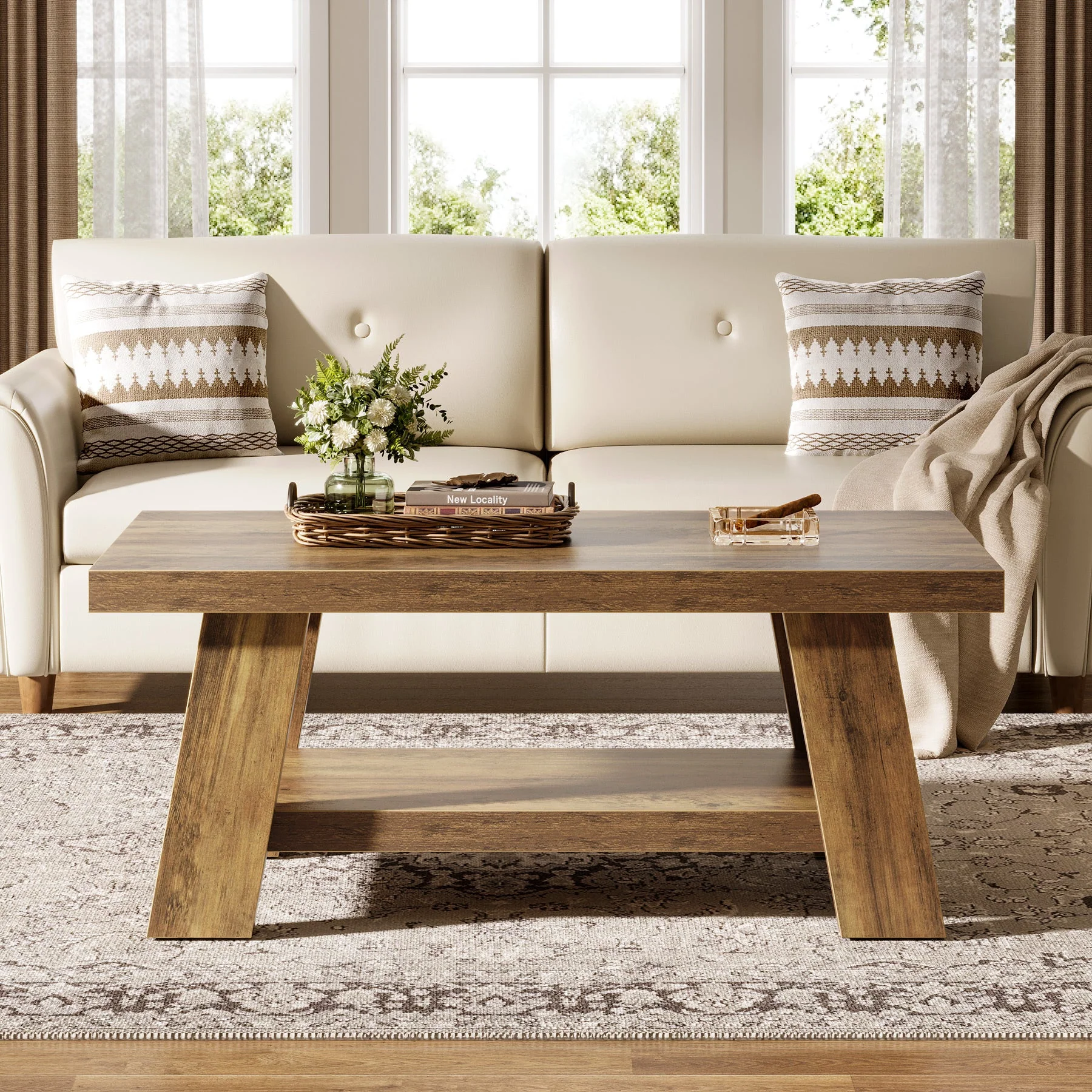 47" Farmhouse 2-Tier Coffee Table with Storage Shelf, Rectangular Coffee Table - Image 4