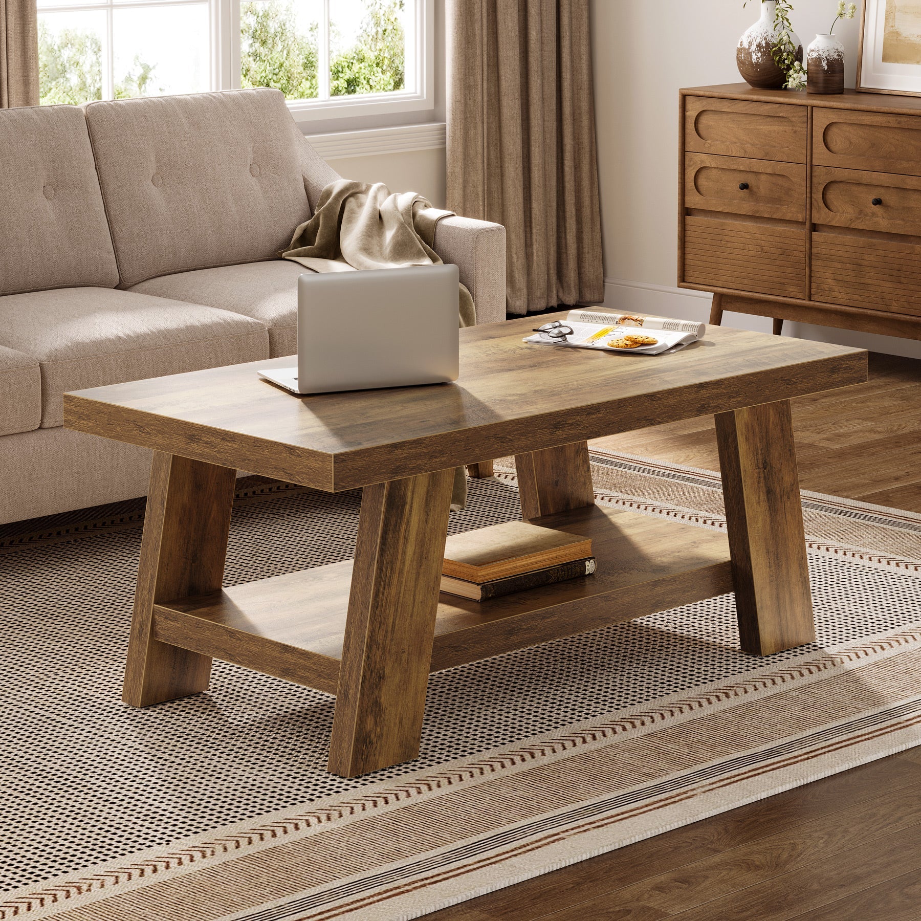 47" Farmhouse 2-Tier Coffee Table with Storage Shelf, Rectangular Coffee Table - Image 5