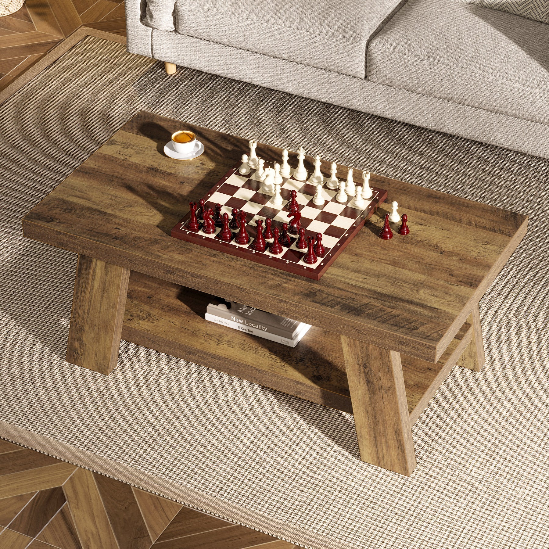 47" Farmhouse 2-Tier Coffee Table with Storage Shelf, Rectangular Coffee Table - Image 6
