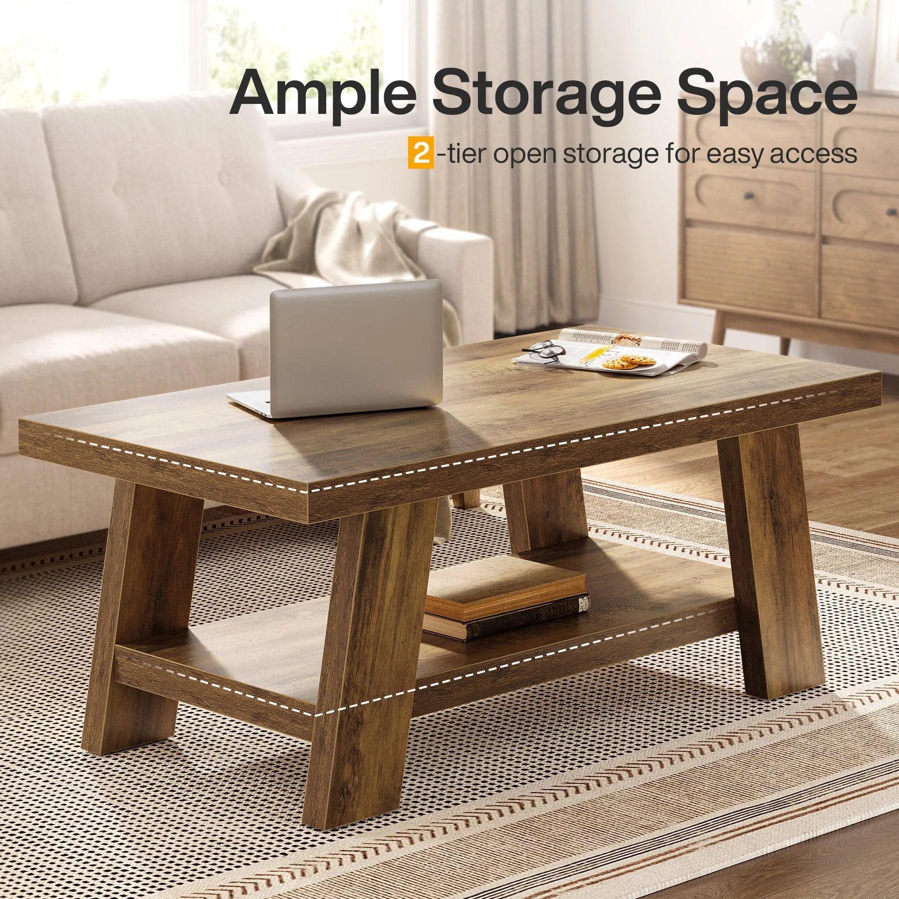 47" Farmhouse 2-Tier Coffee Table with Storage Shelf, Rectangular Coffee Table - Image 7
