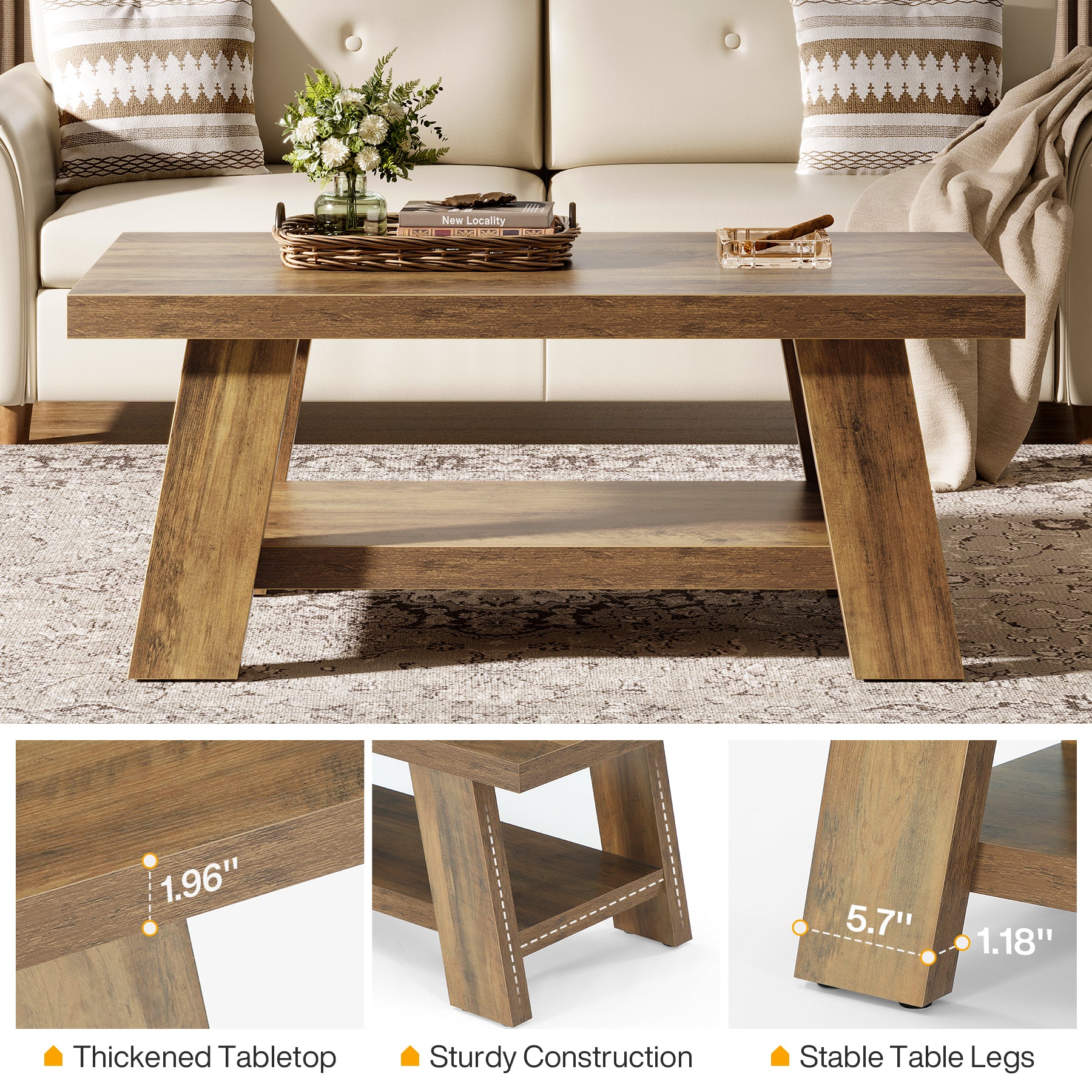 47" Farmhouse 2-Tier Coffee Table with Storage Shelf, Rectangular Coffee Table - Image 8
