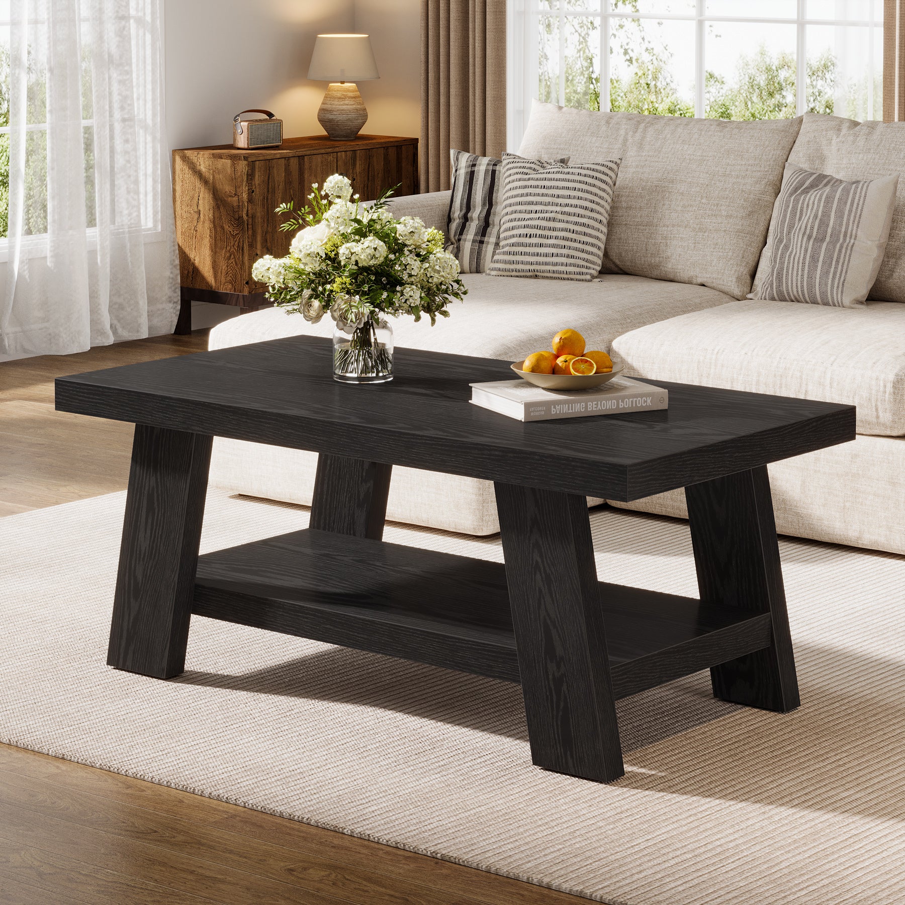 47" Farmhouse 2-Tier Coffee Table with Storage Shelf, Rectangular Coffee Table - Image 9