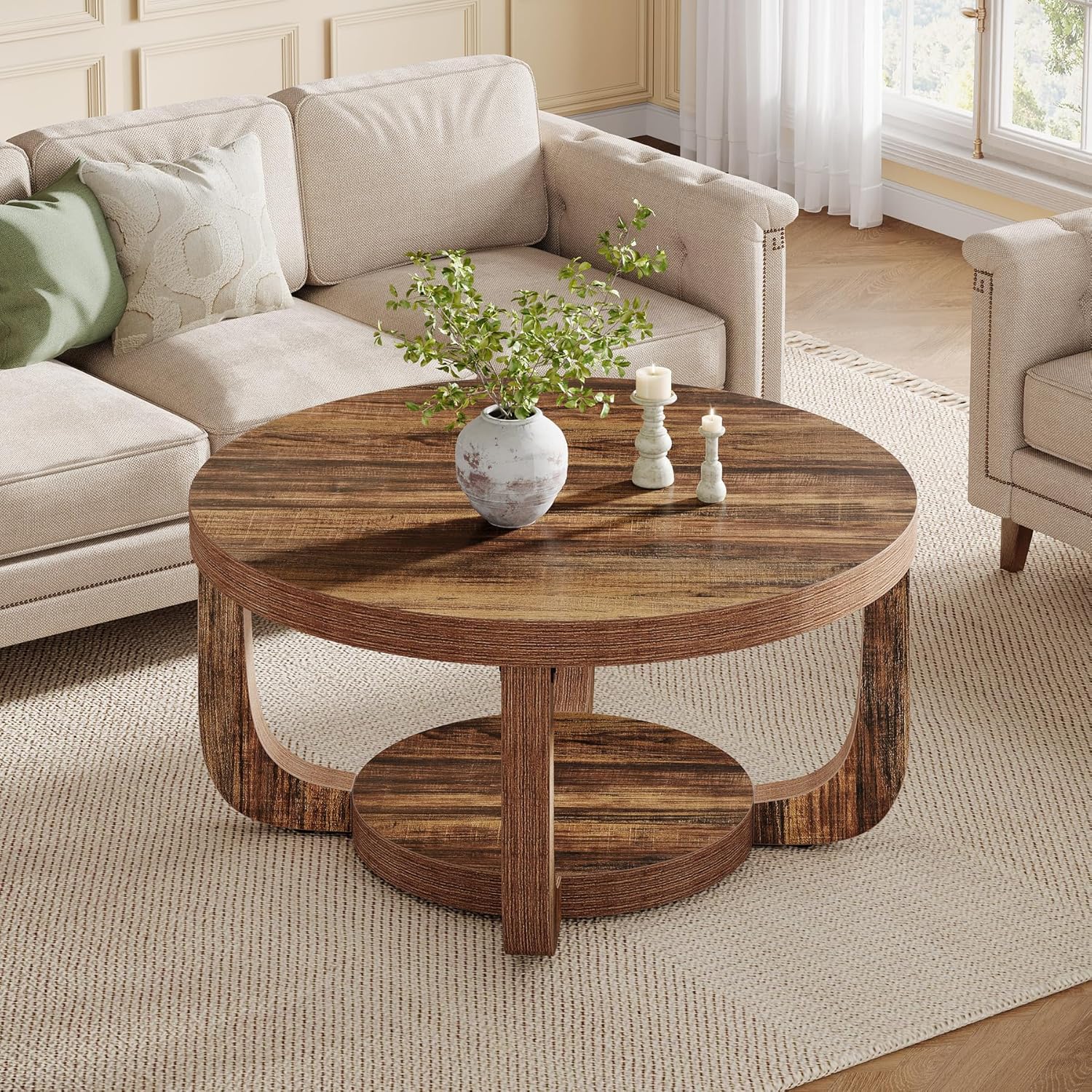 31.5" Coffee Table, Modern 2-Tier Circle Center Table with Storage - Image 3