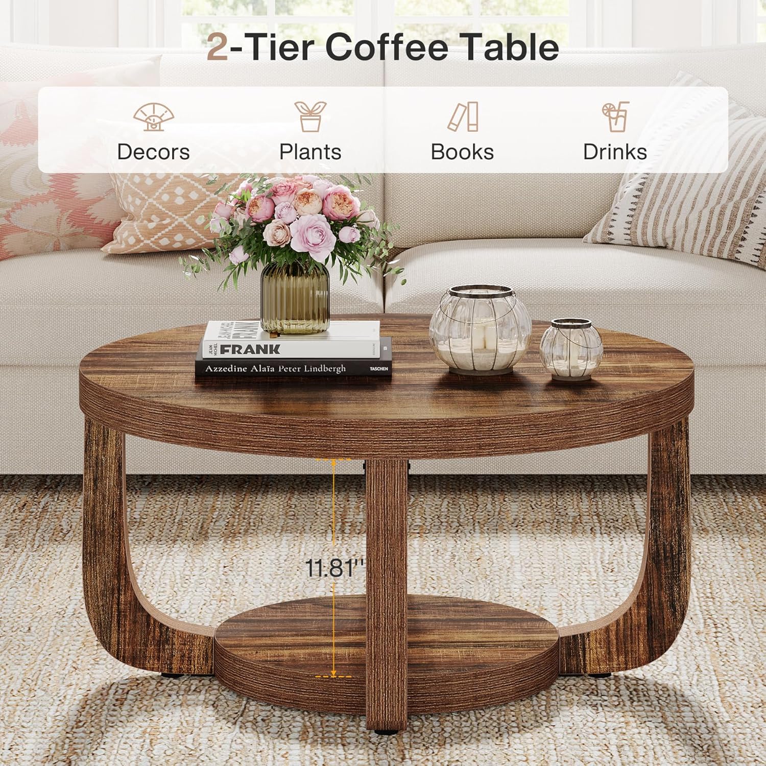 31.5" Coffee Table, Modern 2-Tier Circle Center Table with Storage - Image 4