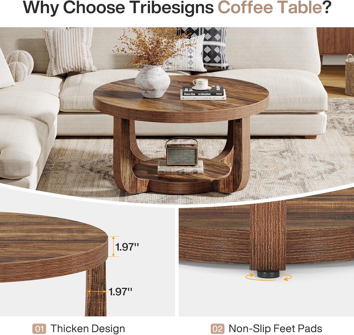 31.5" Coffee Table, Modern 2-Tier Circle Center Table with Storage - Image 5