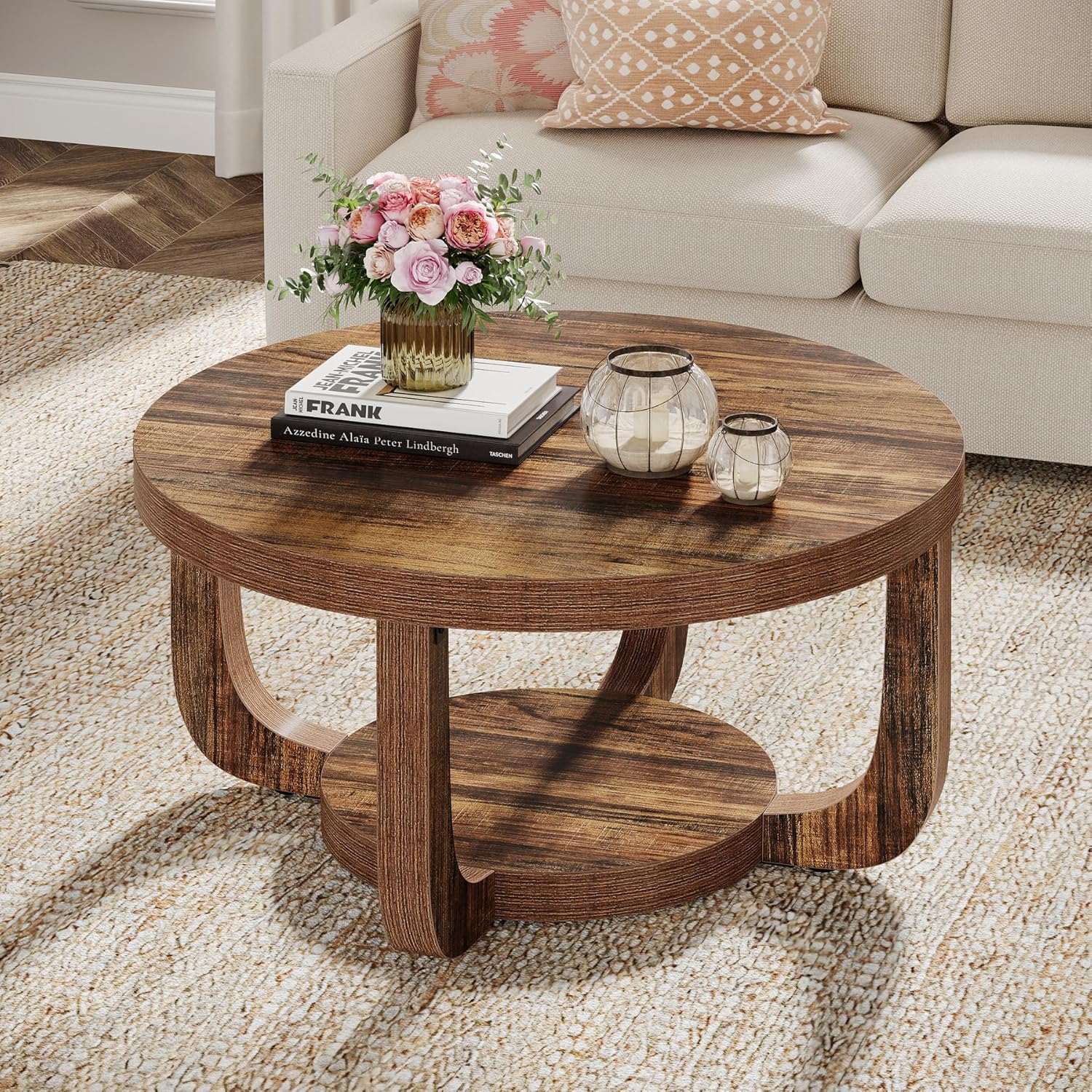 31.5" Coffee Table, Modern 2-Tier Circle Center Table with Storage - Image 8