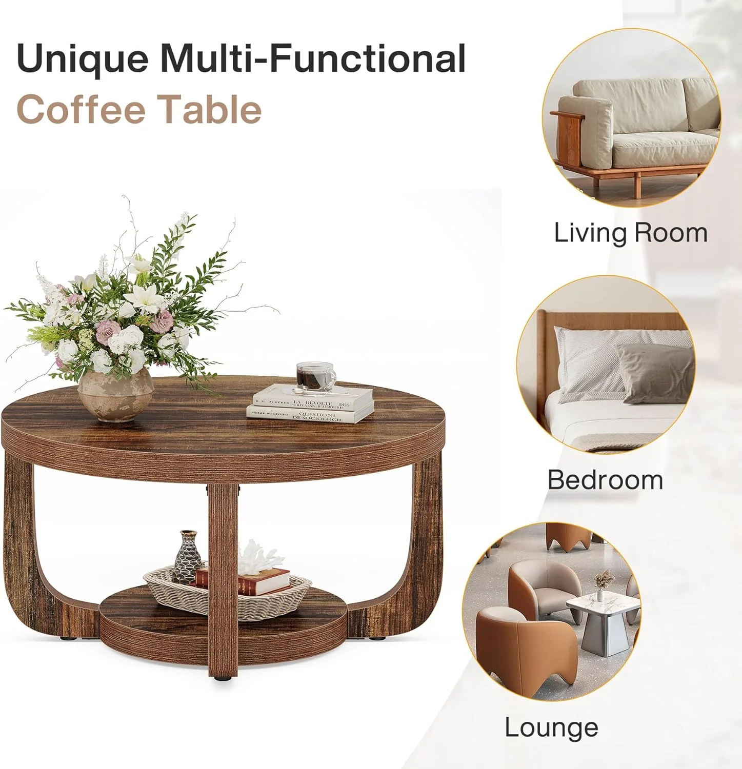 31.5" Coffee Table, Modern 2-Tier Circle Center Table with Storage - Image 9