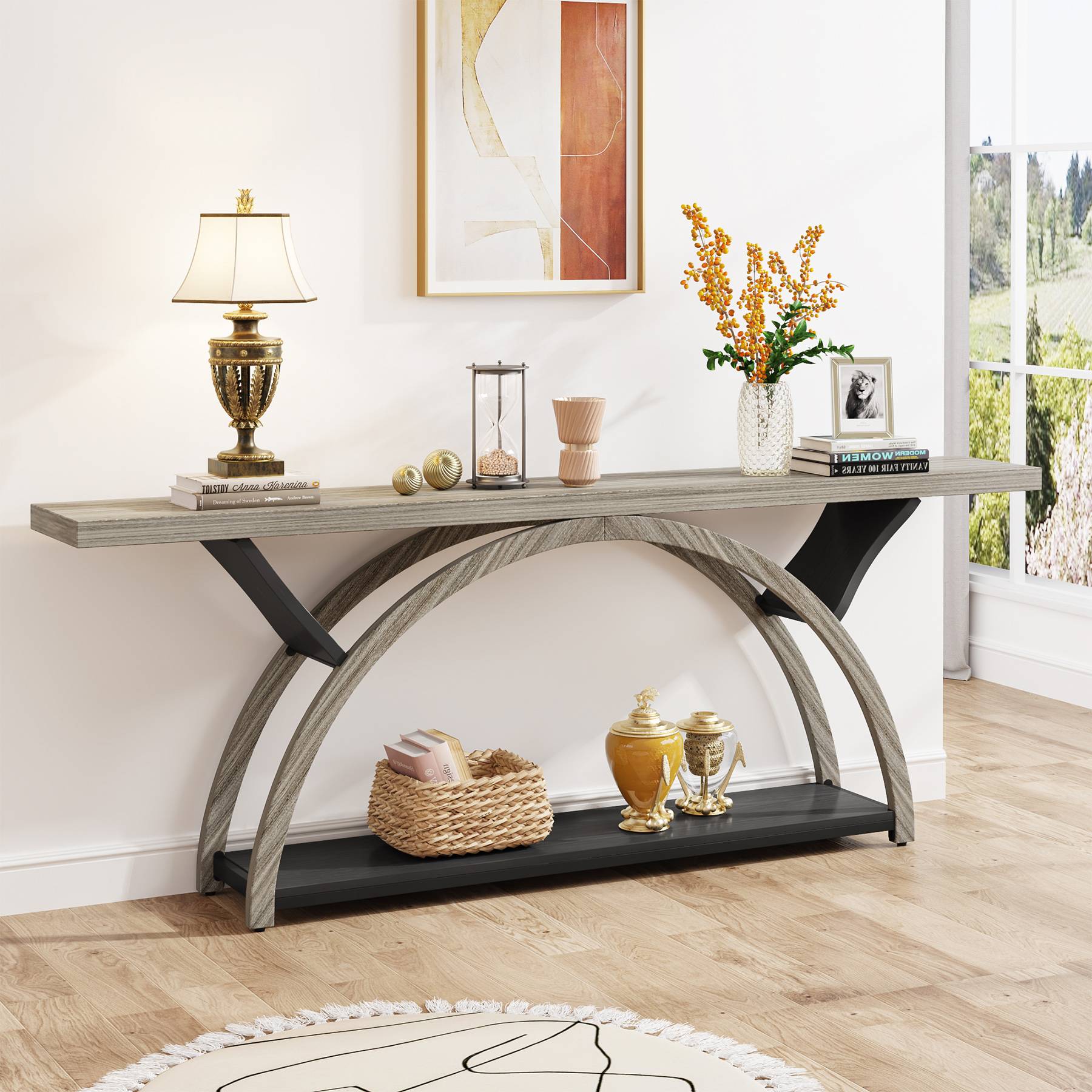 2-Tier Console Table, 70.9" Entryway Table with Half Moon Frame