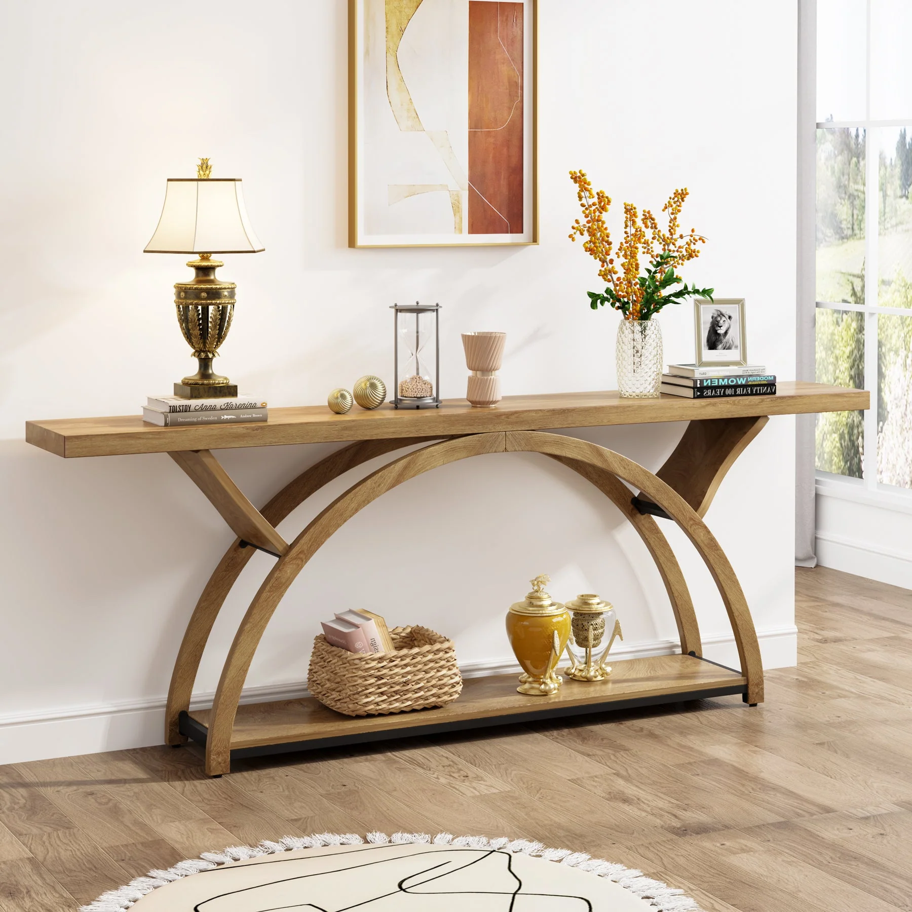 2-Tier Console Table, 70.9" Entryway Table with Half Moon Frame - Image 10