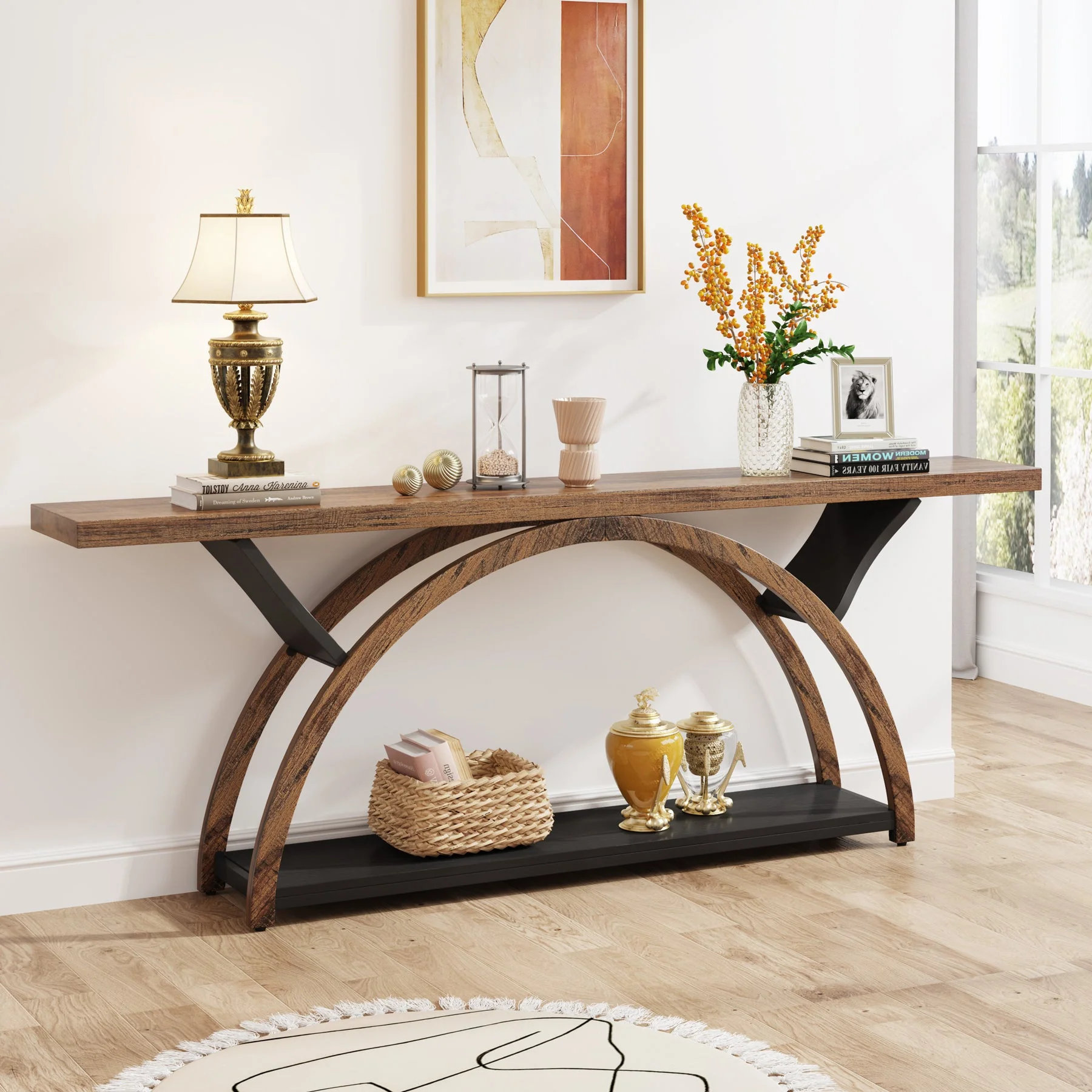 2-Tier Console Table, 70.9" Entryway Table with Half Moon Frame - Image 8