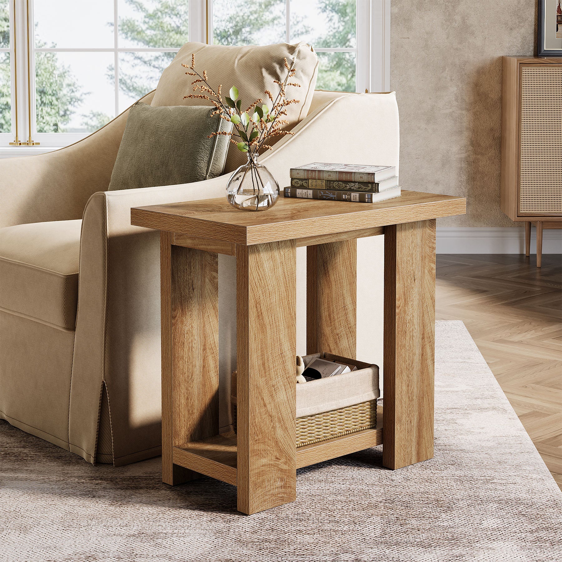 2-Tier End Table, Farmhouse Side Table with Storage Shelves for Small Space - Image 3